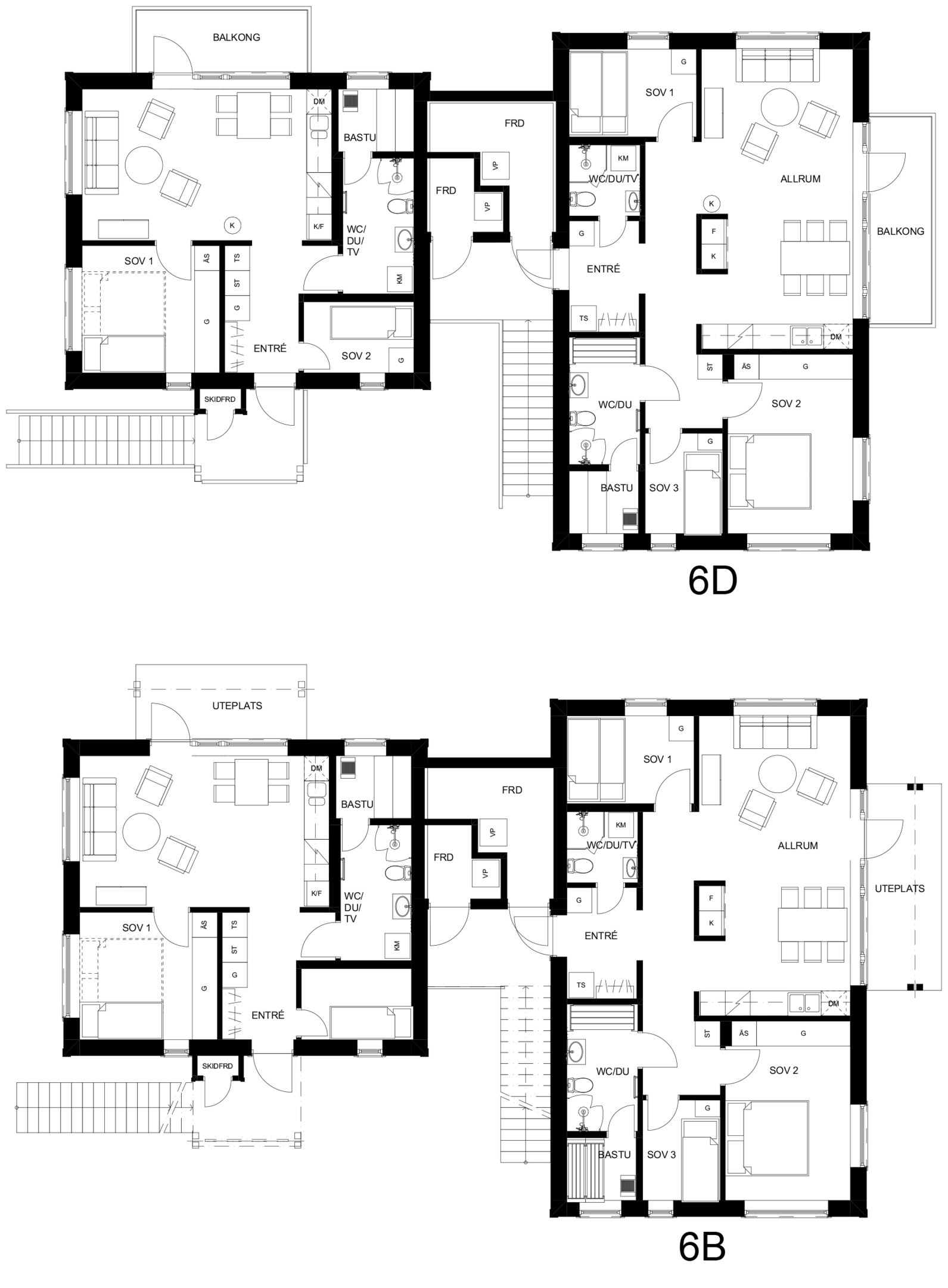 Planritning, nedre och övre plan i hus 6. (Gäller i stort även hus 1, 2, 7 och 8).