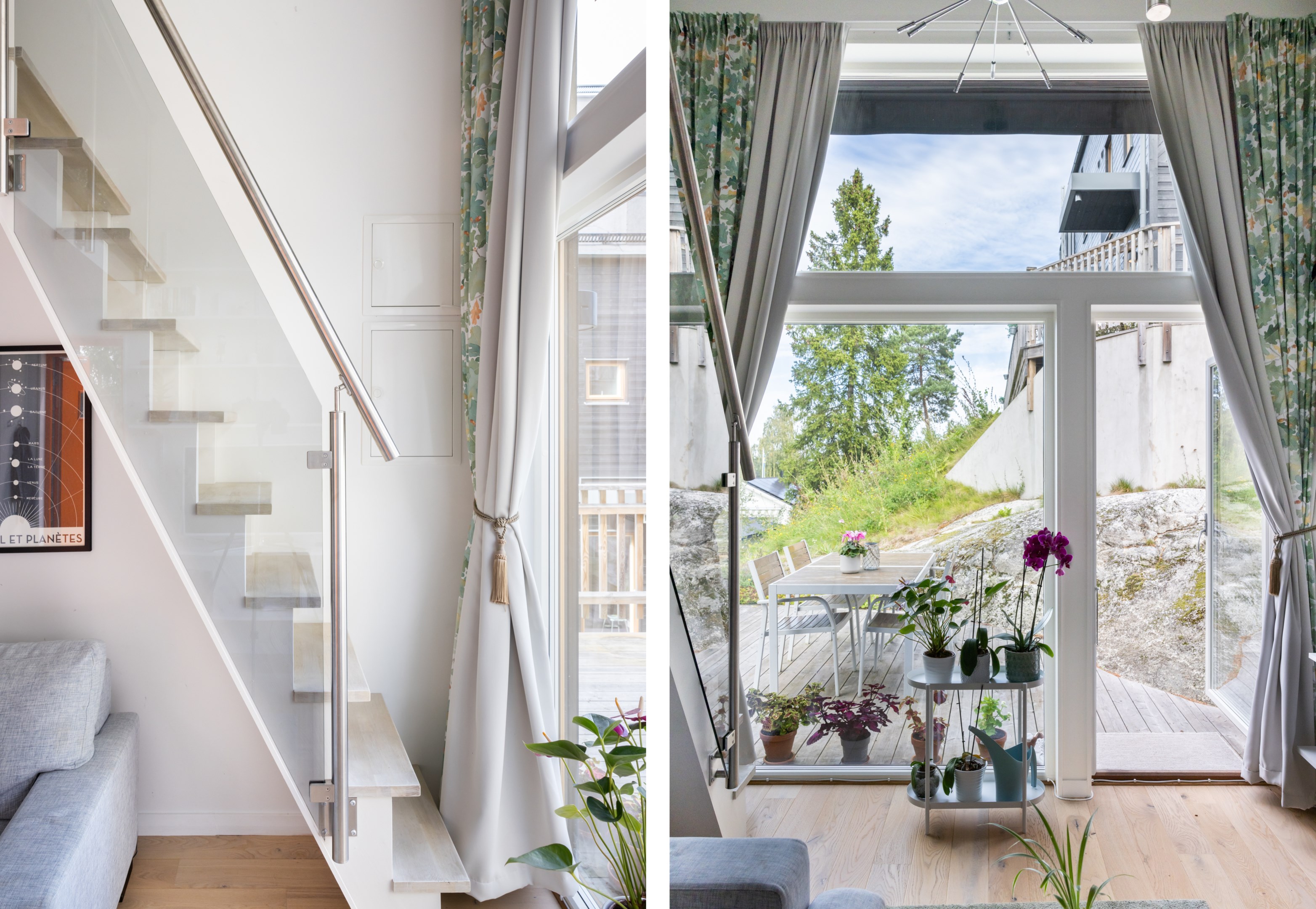 Rummet öppnar upp mot altanen där markisen skapar skugga