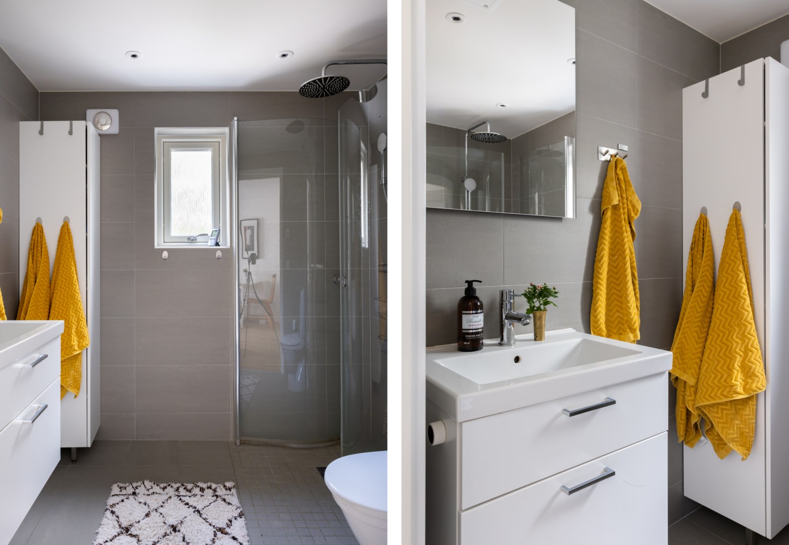 Rymligt badrum med dusch samt plats för tvättmaskin