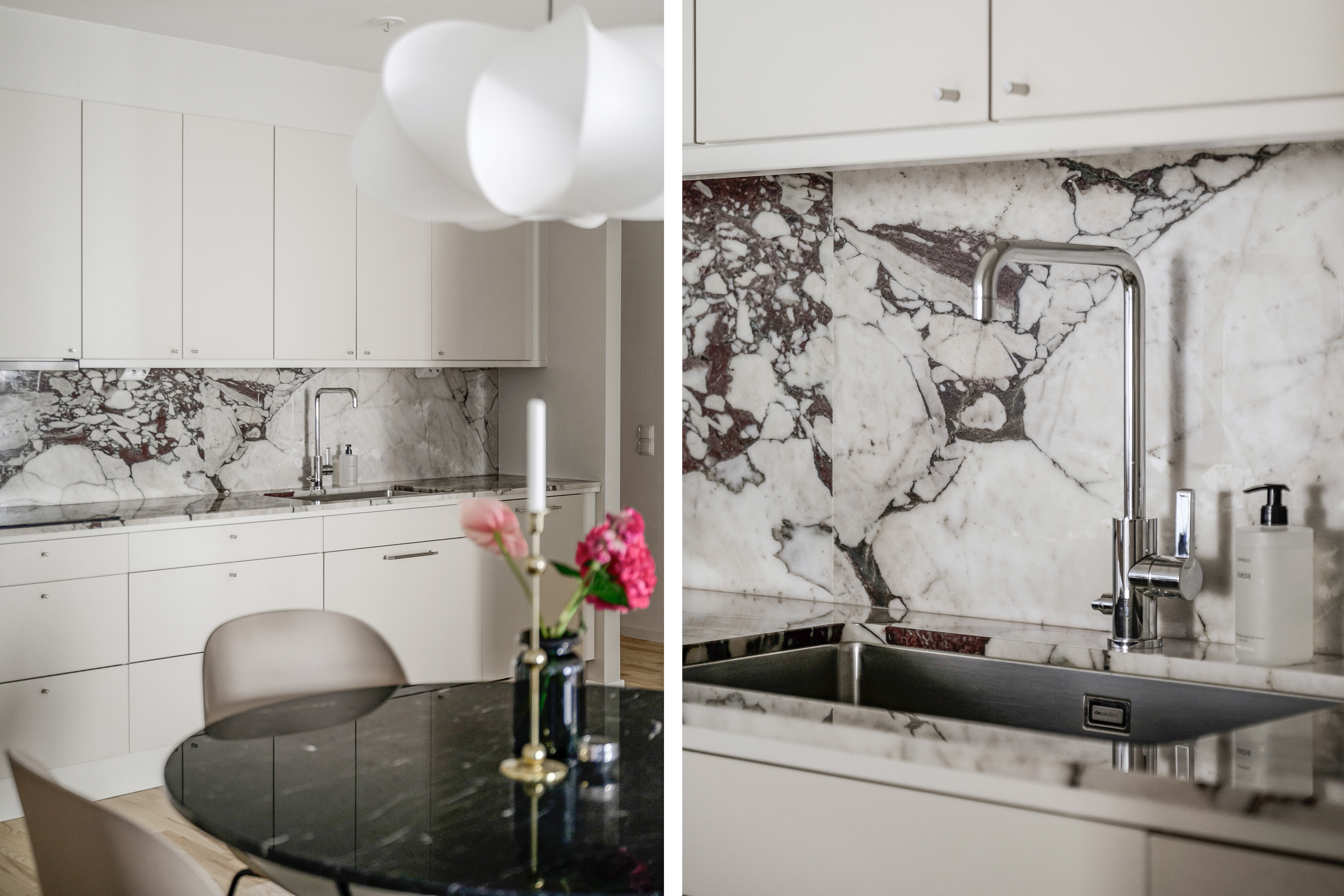 Bänkskiva och stänkskydd i vacker marmor. 