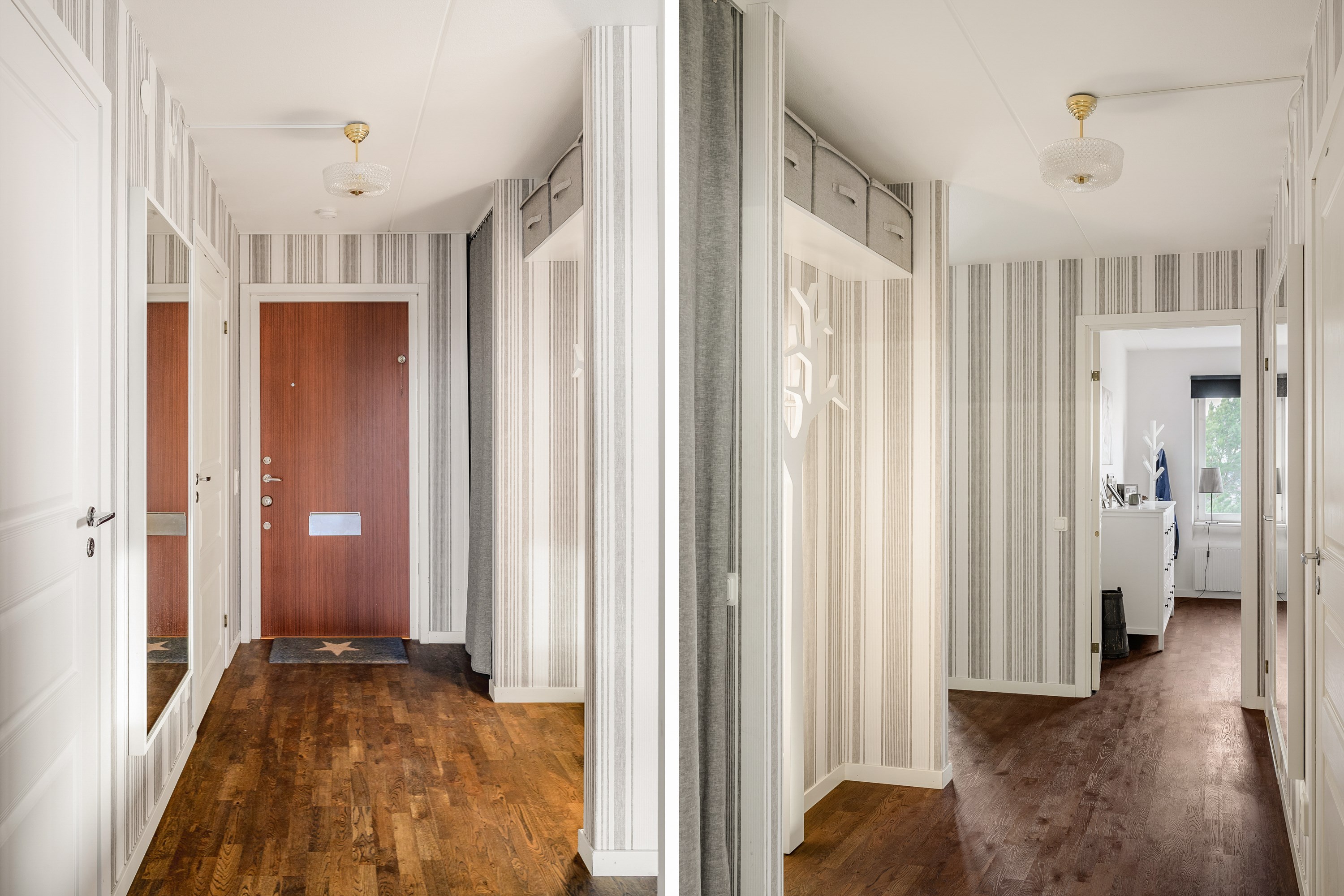 Entréhall med bra förvaring i två anslutande klädkammare.