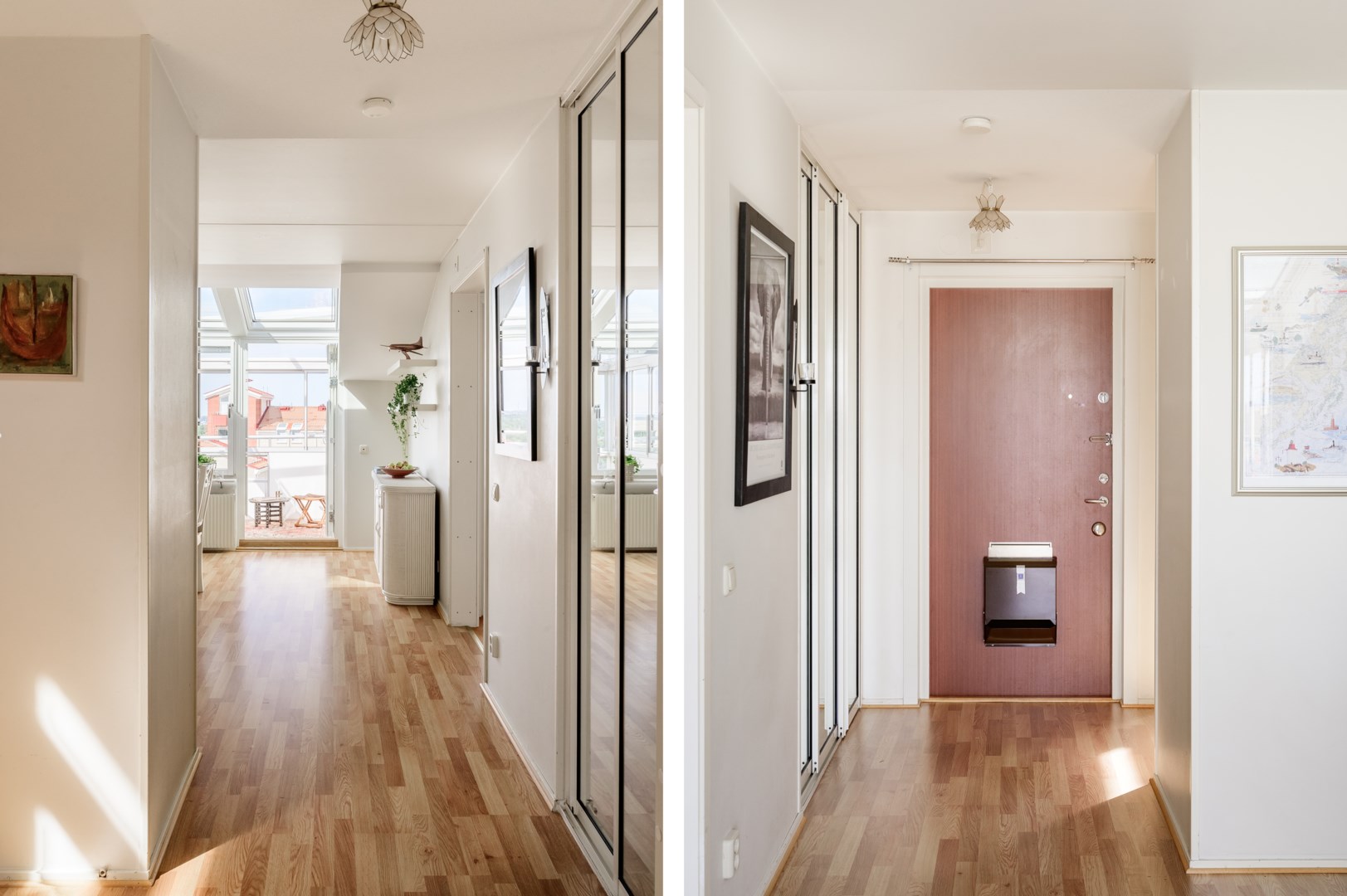 Entréhall med platsbyggd klädförvaring bakom spegeldörrar.