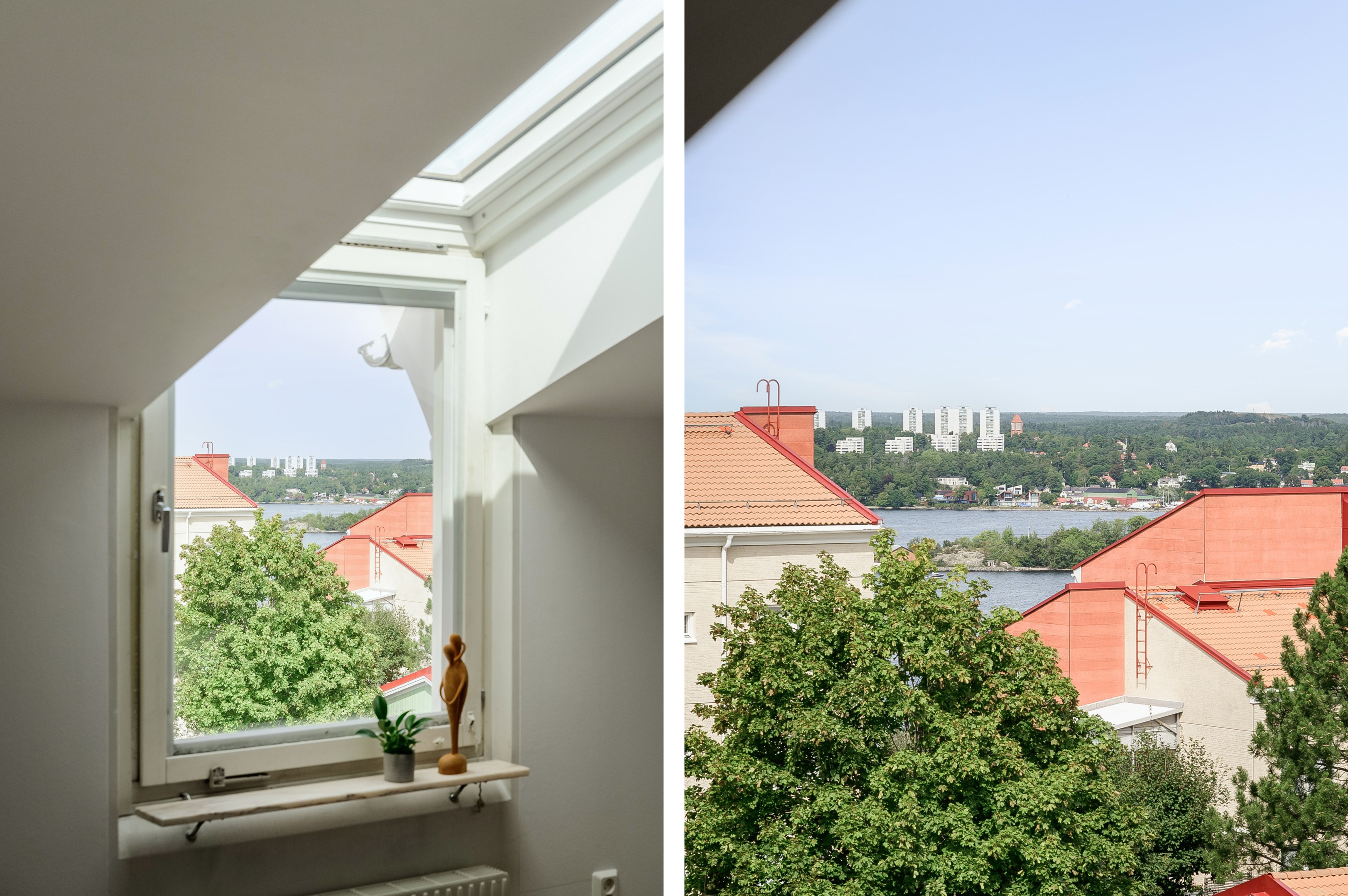 Utsikt föräldrasovrum. Mellan hustaken skymtar Lidingö.