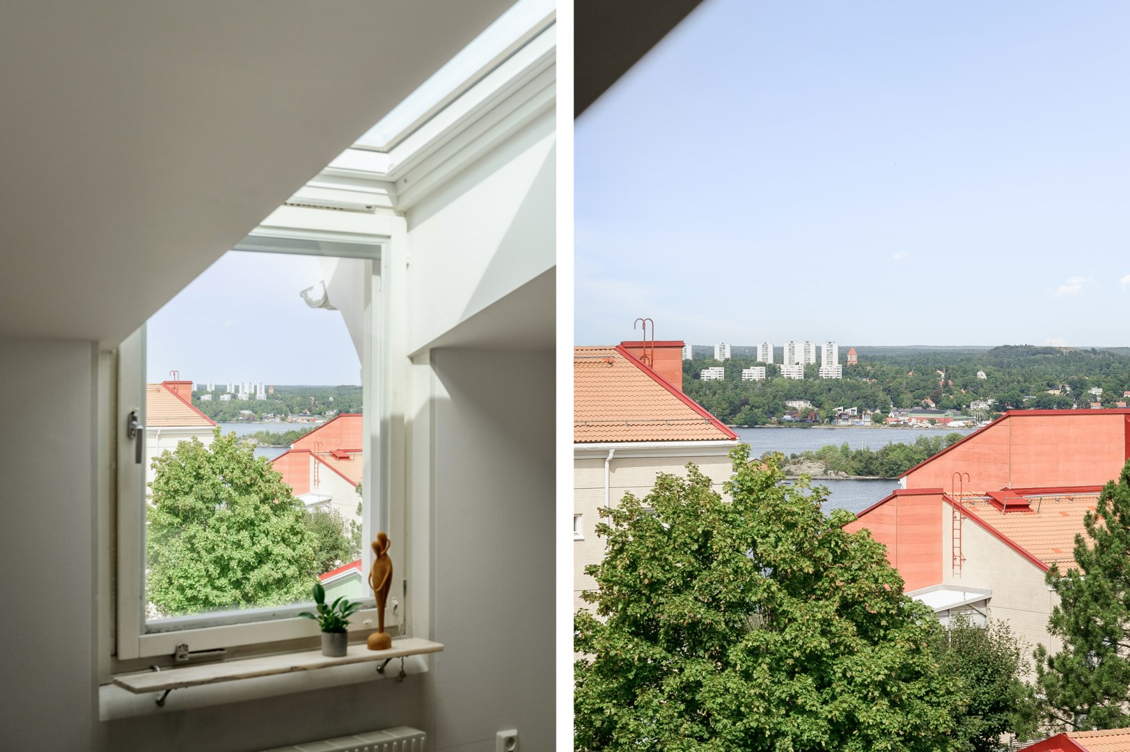 Utsikt föräldrasovrum. Mellan hustaken skymtar Lidingö.