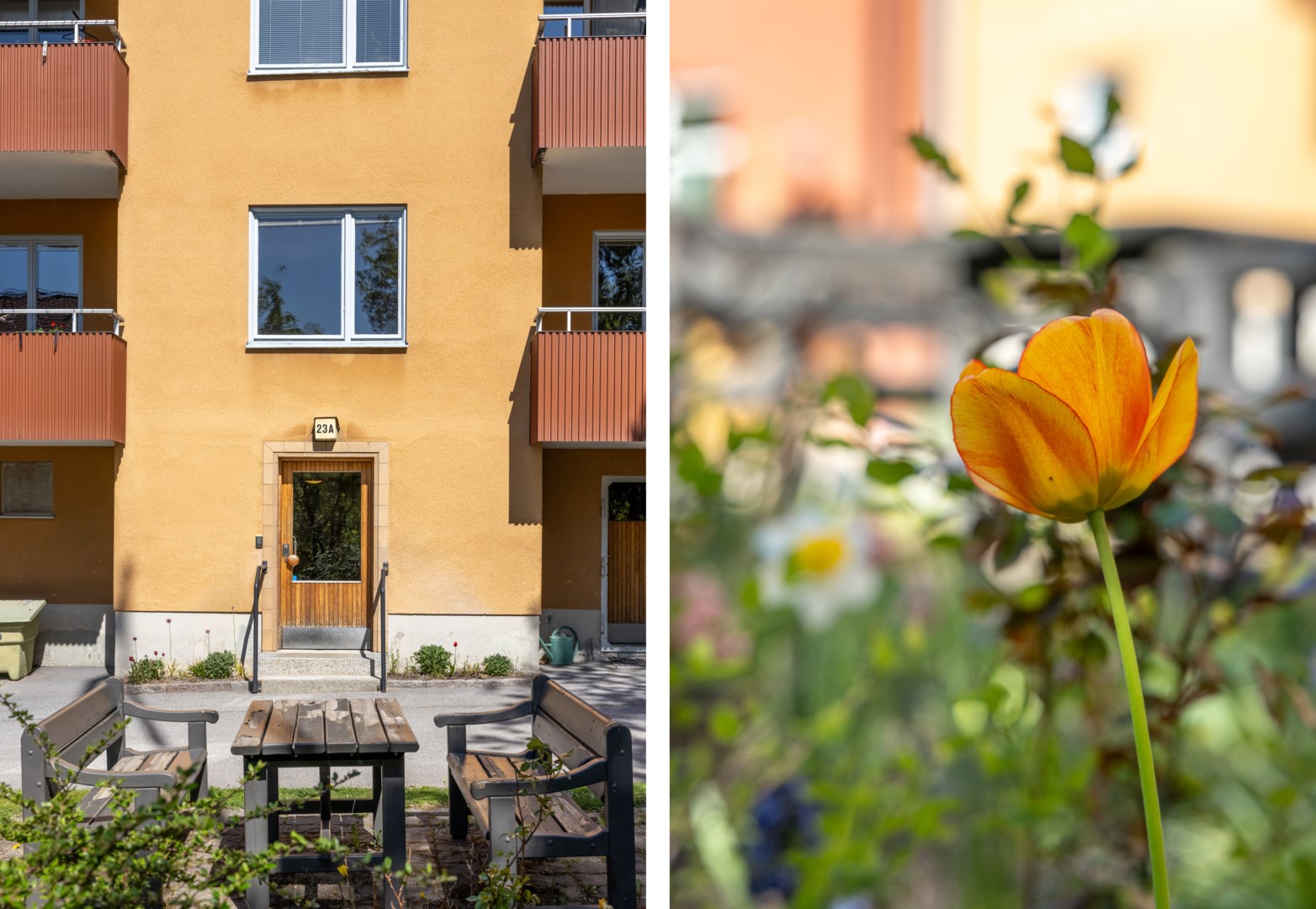 Lägenheten återfinns en trappa upp till höger om porten