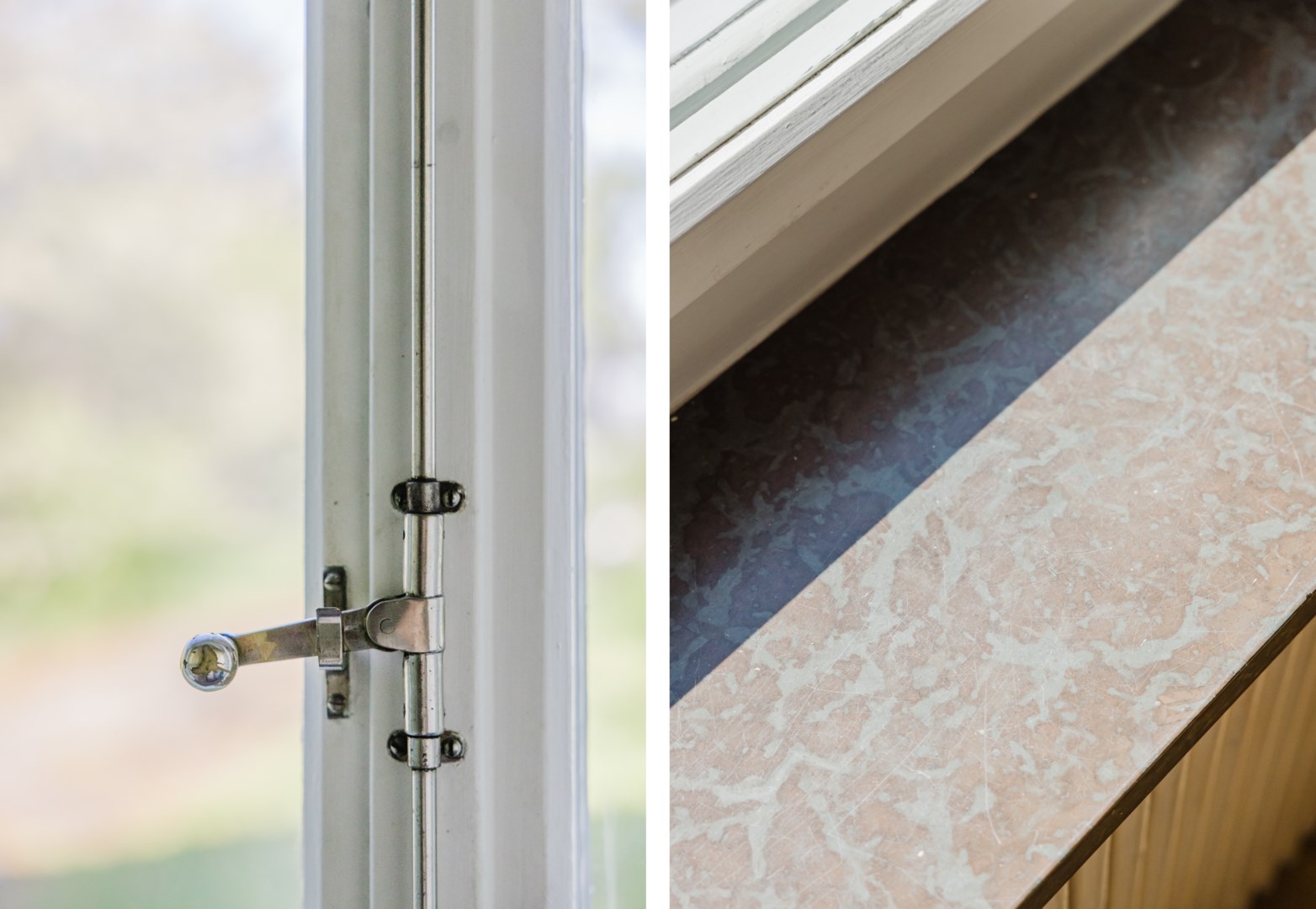 Original fönsterbrädor i kalksten och vackra beslag