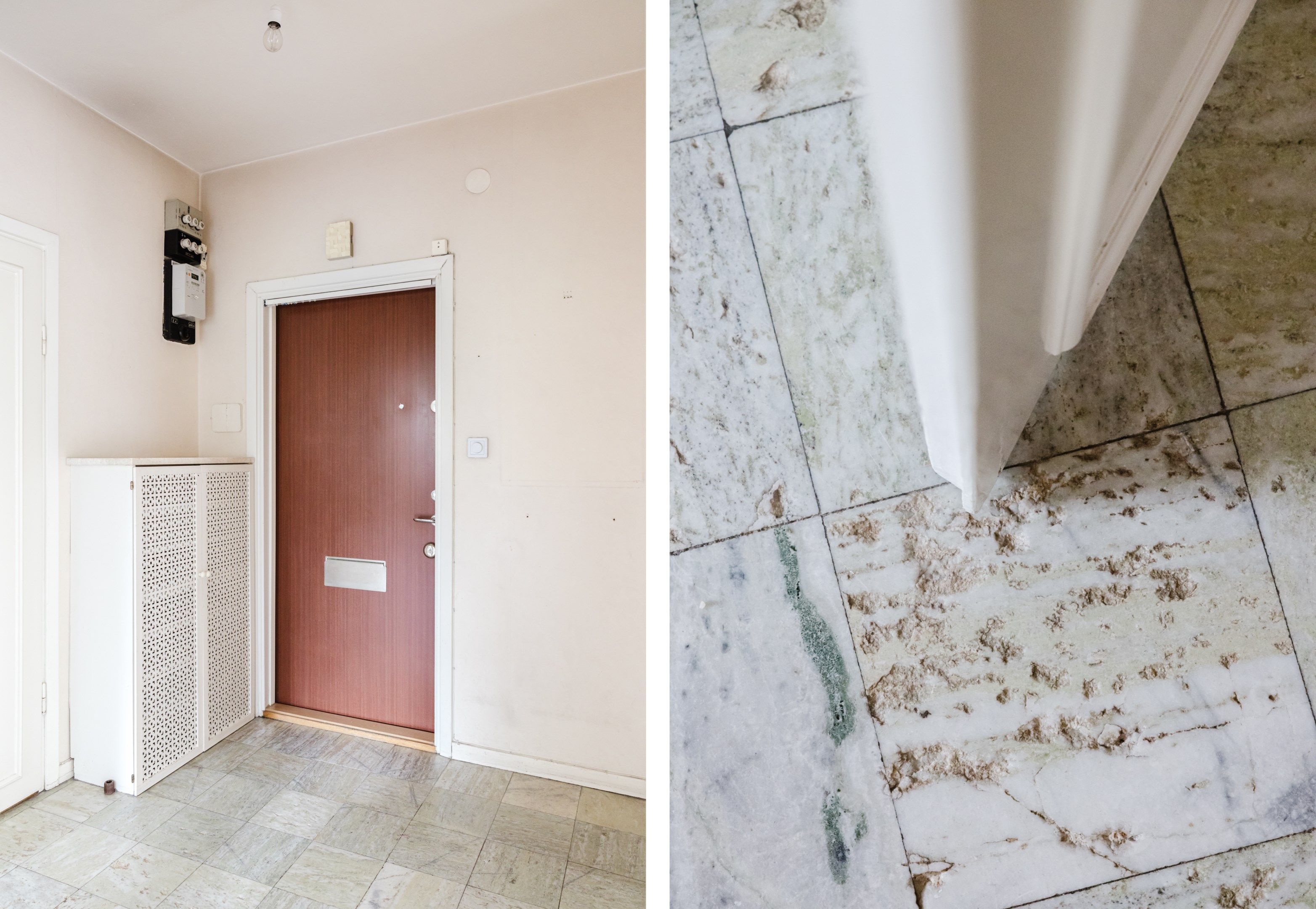 Entréhall med säkerhetsdörr och vackert marmorgolv.