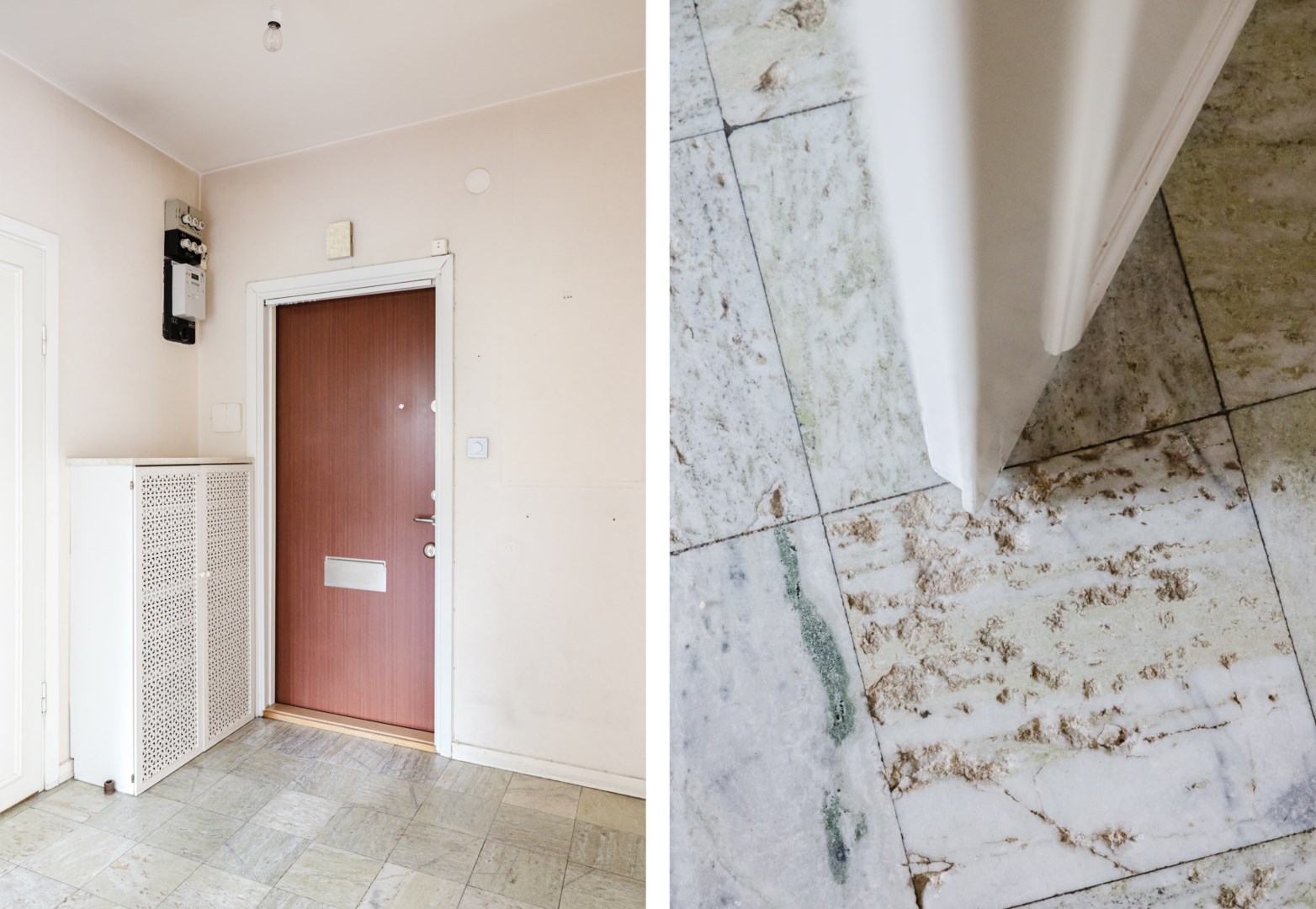 Entréhall med säkerhetsdörr och vackert marmorgolv.