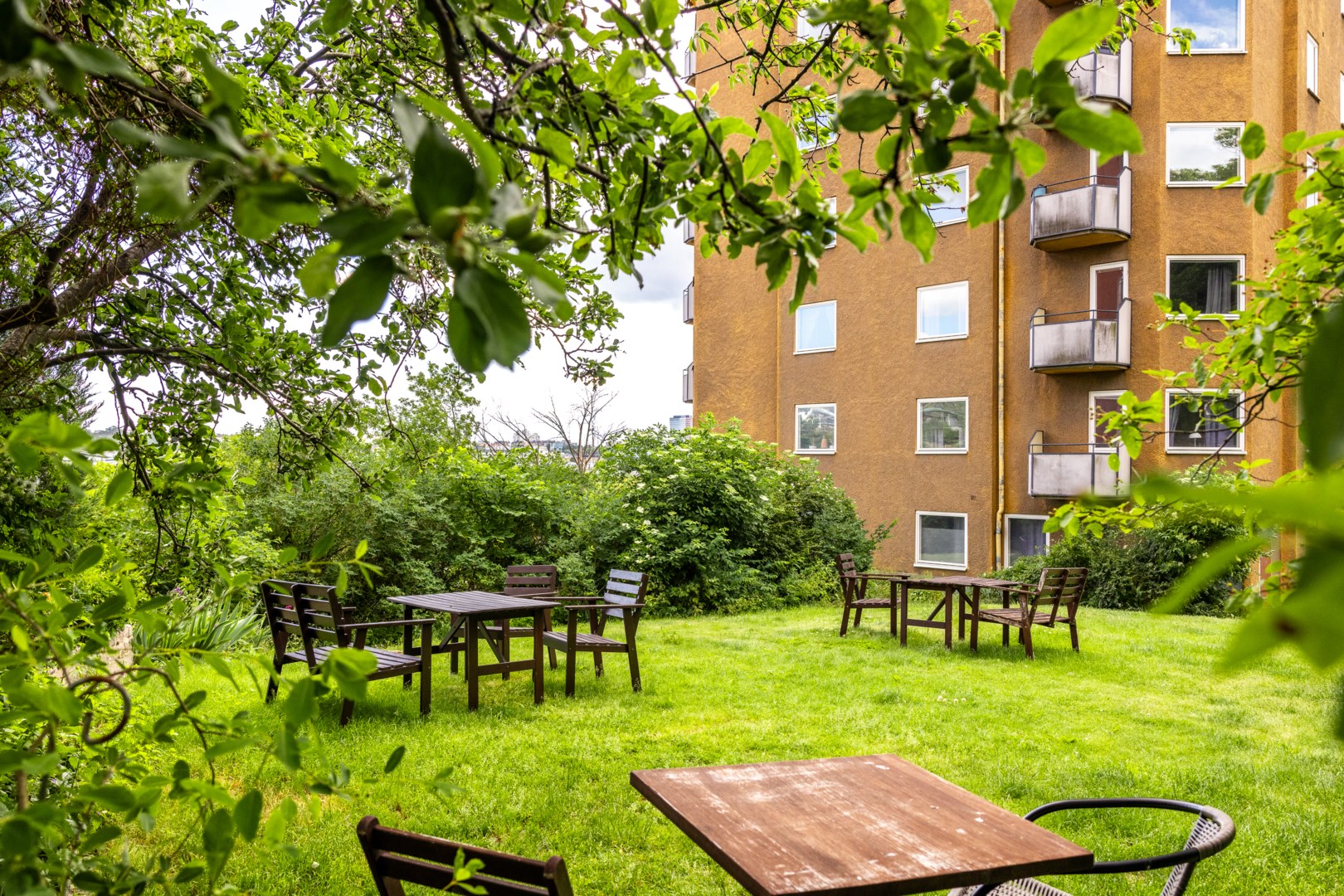 I trädgården finns sittgrupper inramade av uppvuxen grönska.