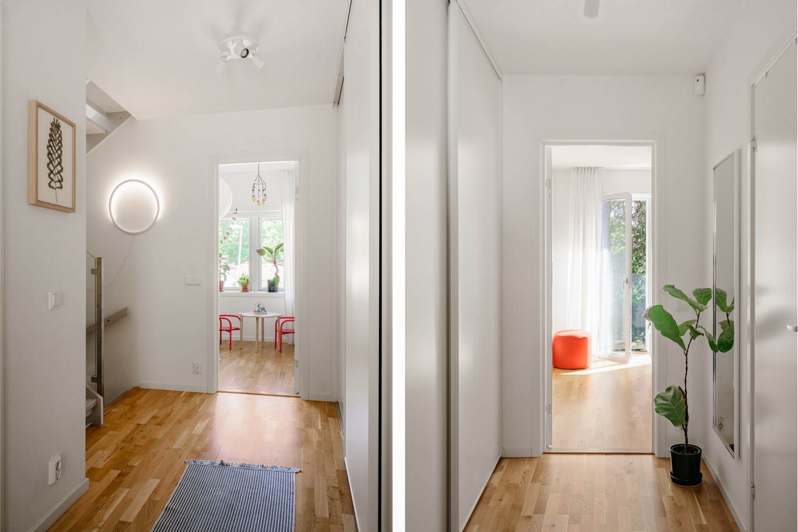 Hall på mellanplanet med hel garderobsvägg