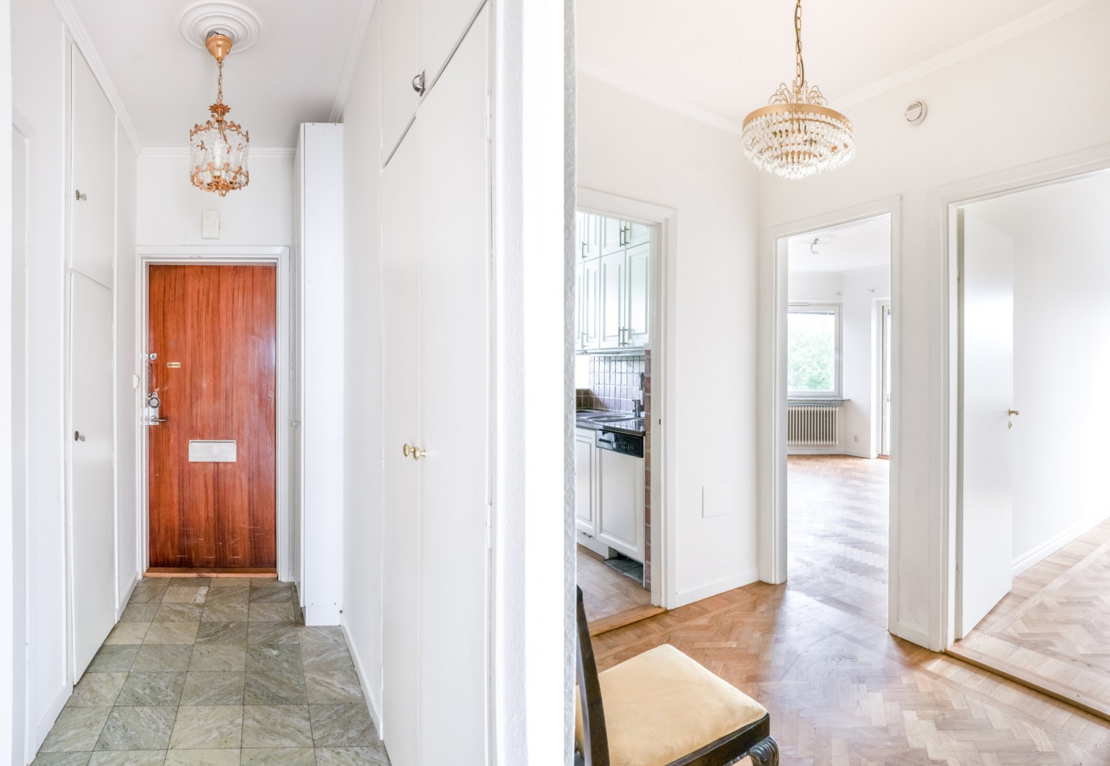 Entréhall klädd med kolmårdsmarmor, inre hall med fiskbensparkett.