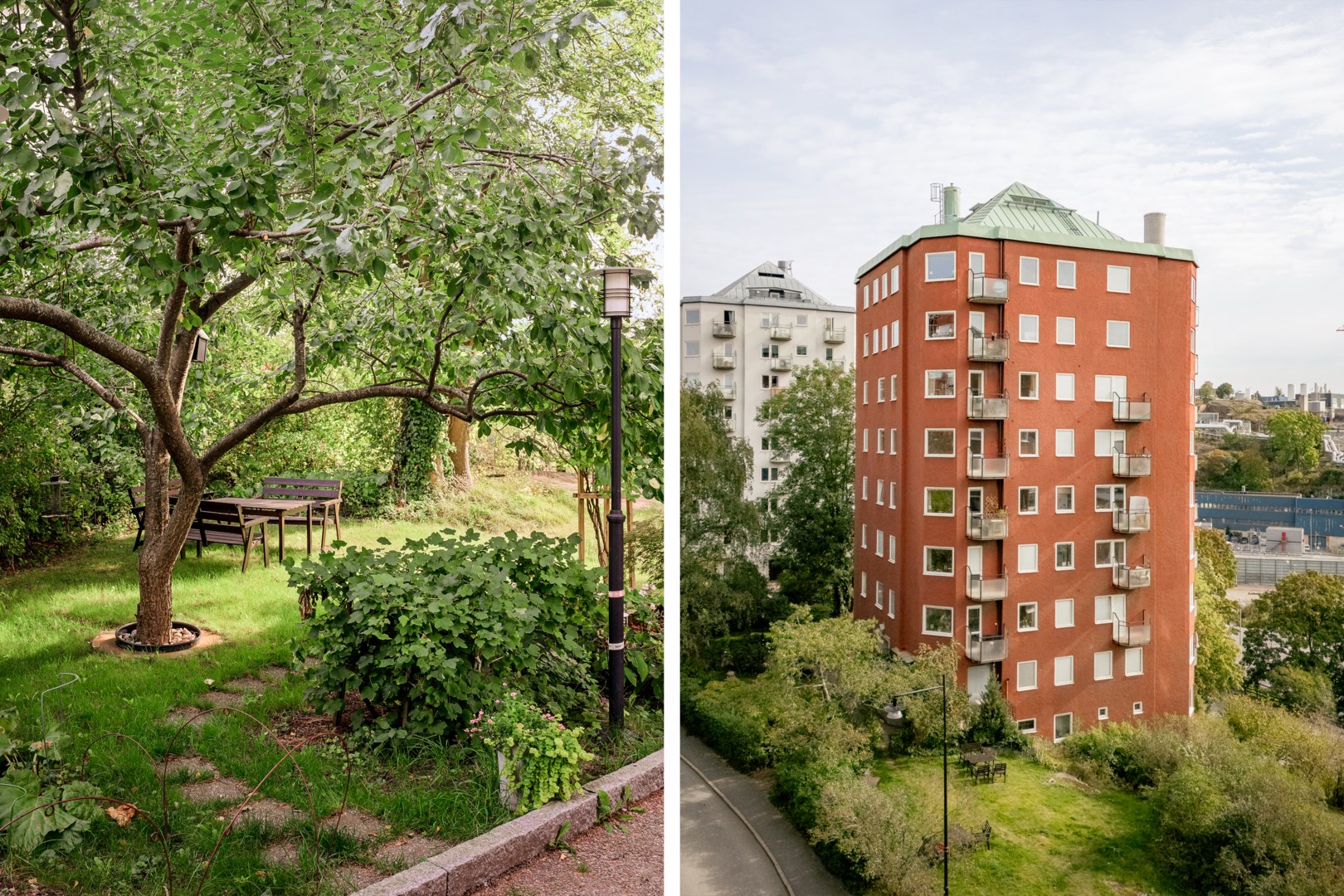 Föreningens hus på Hästholmsvägen 10 omsluts av en uppvuxen trädgård med sittgrupper.