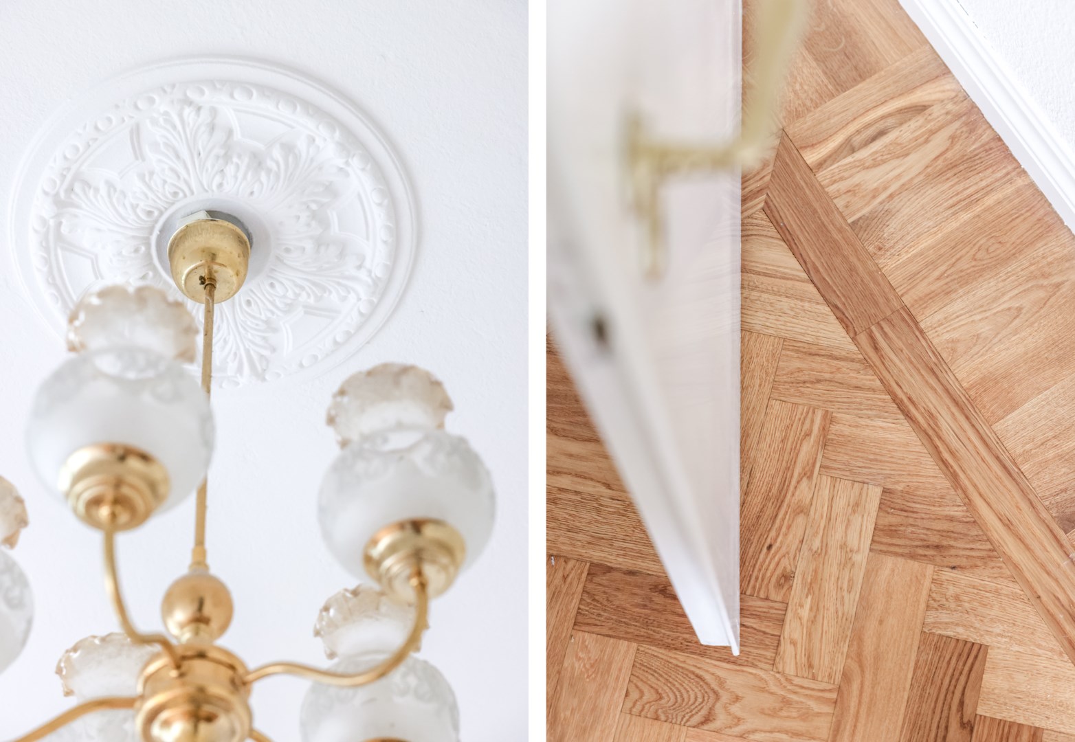 Vackra fiskbensparkettgolv i vardagsrum, hall & sovrum.