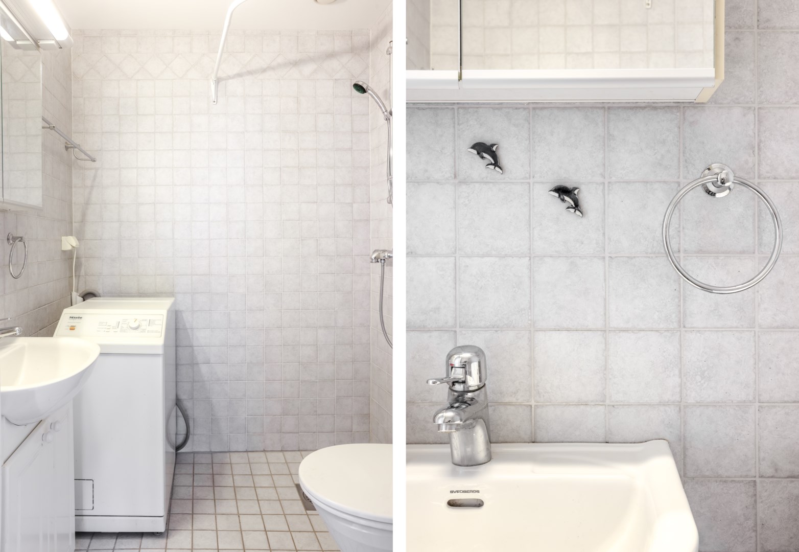 Badrum med plats för dusch & tvättmaskin.