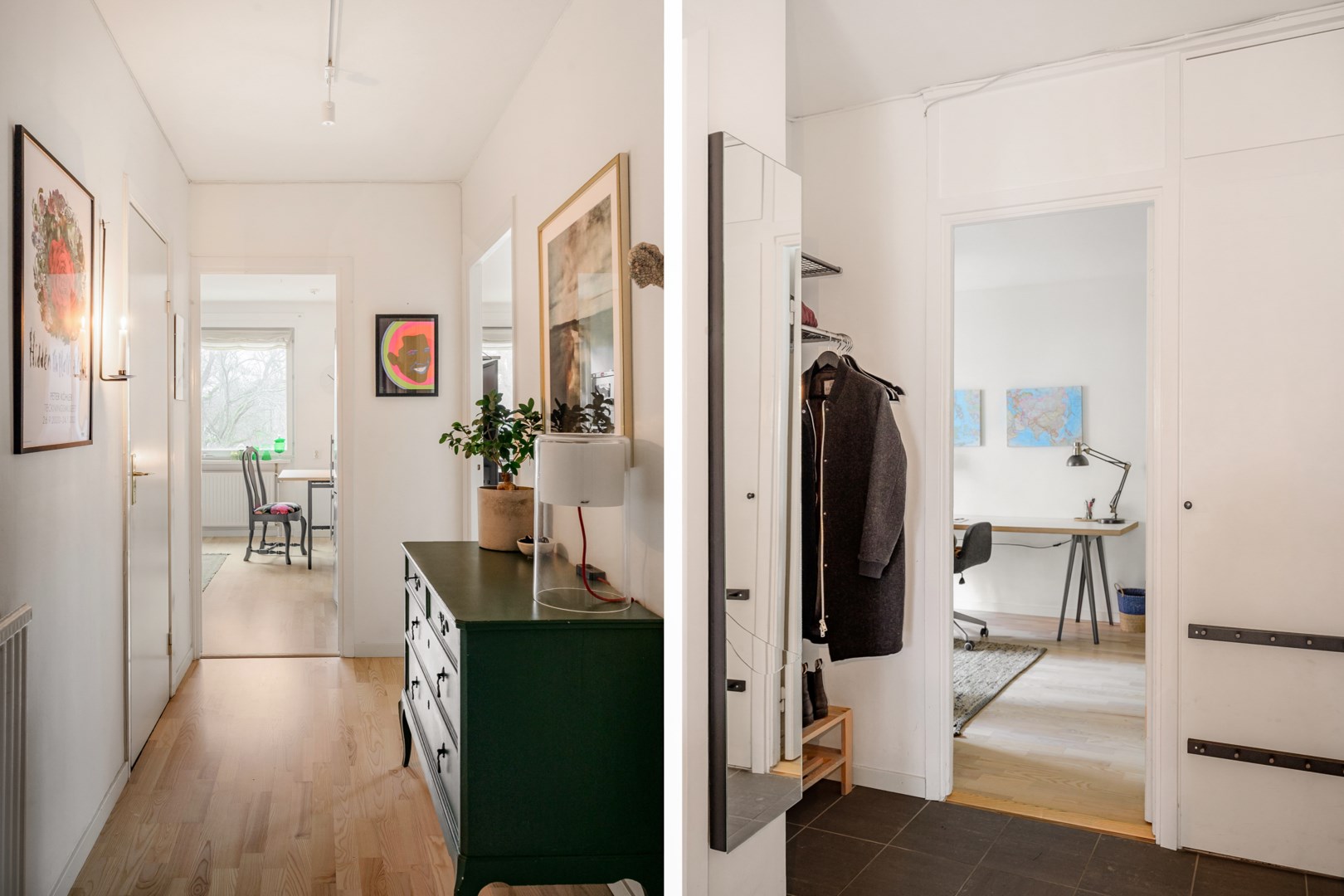 Entréhall med praktiskt klinkergolv & plats för avhängning.