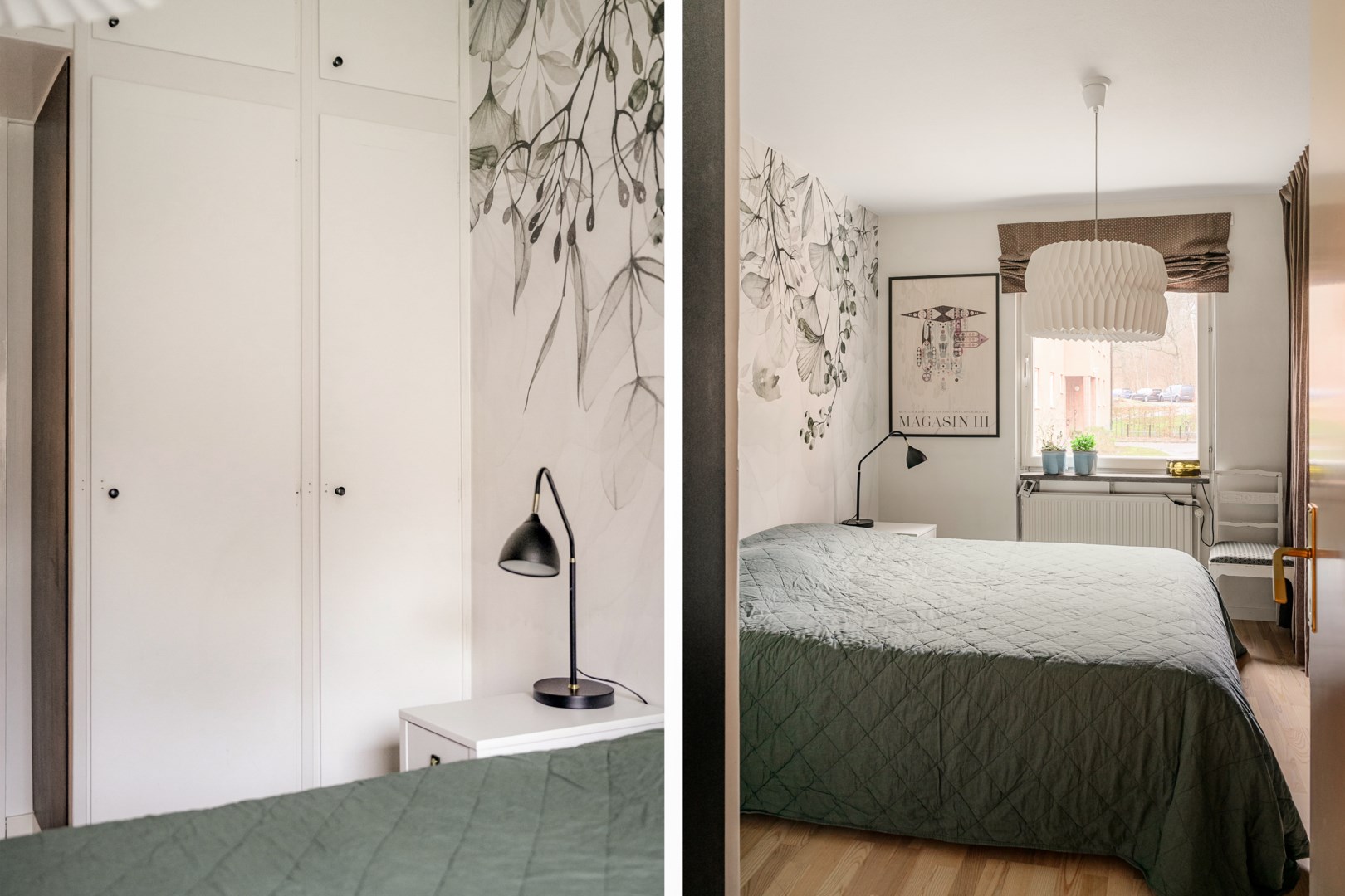 Klädförvaring i garderober samt bakom draperi.