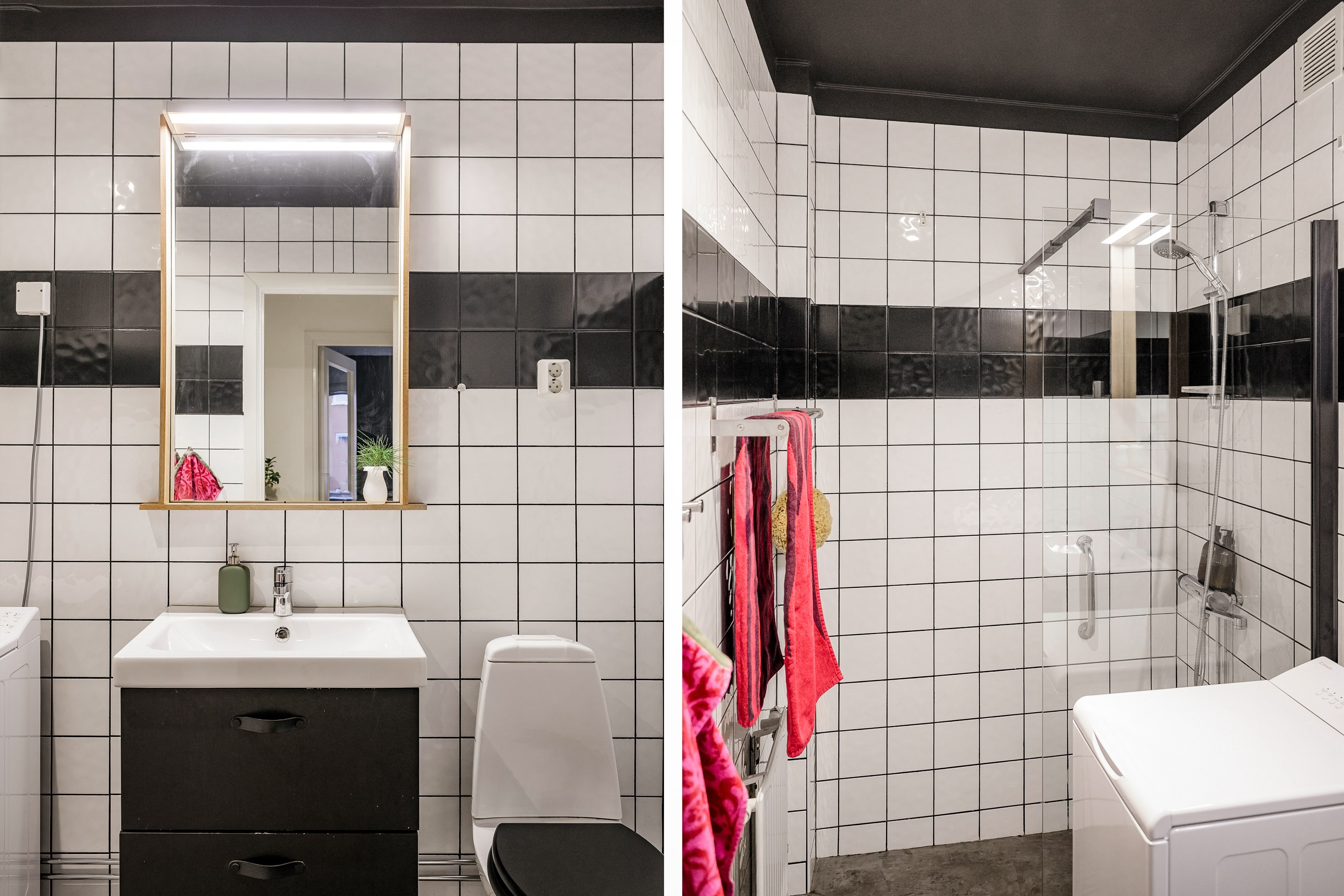 Helkaklade väggar samt microcement på golv.