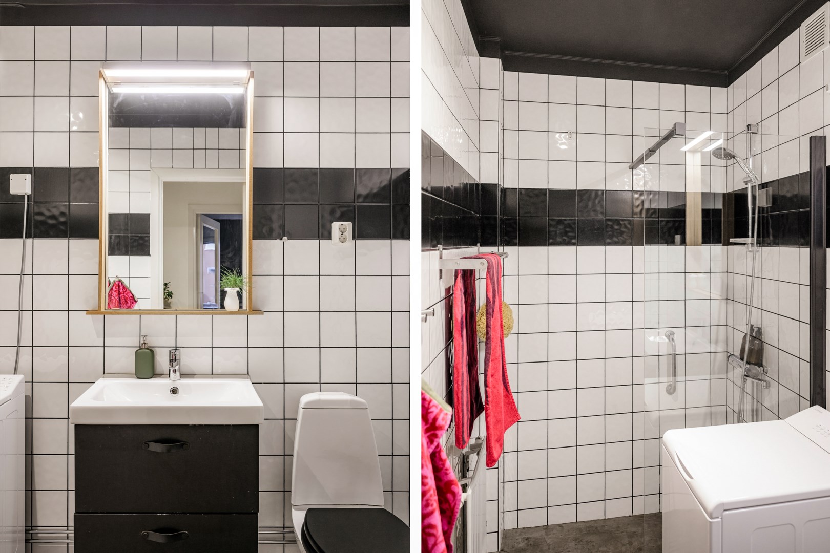 Helkaklade väggar samt microcement på golv.