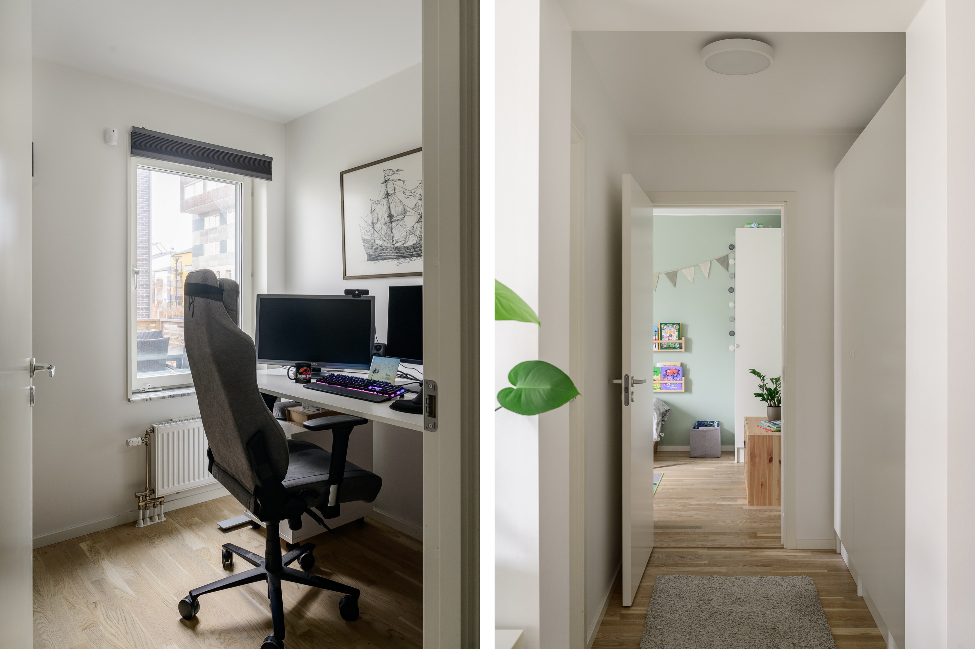 Lilla sovrummet/hemmakontoret samt inre hall med garderobsvägg