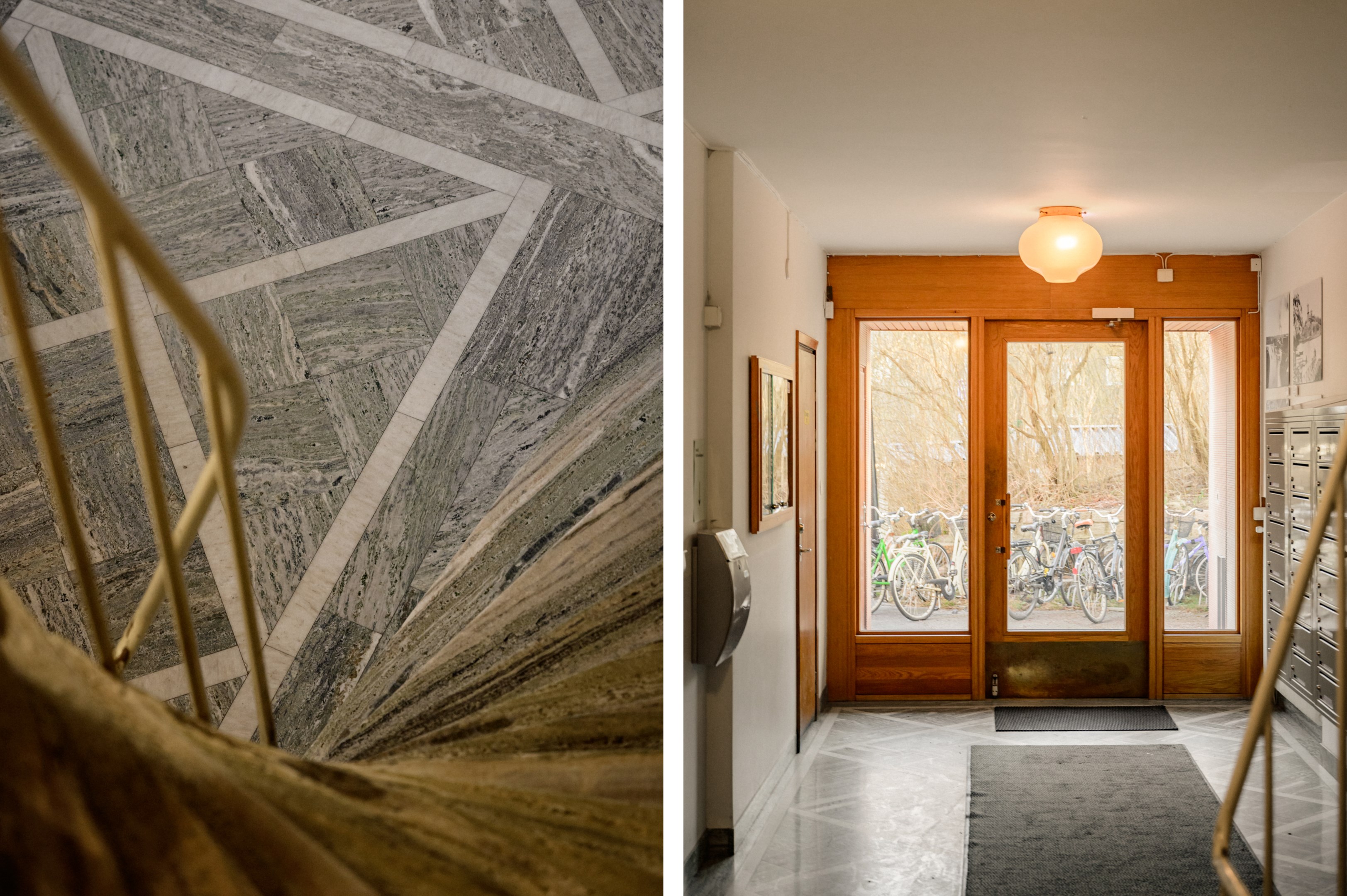 Varsamt renoverat trapphus rikt på ursprungsdetaljer.