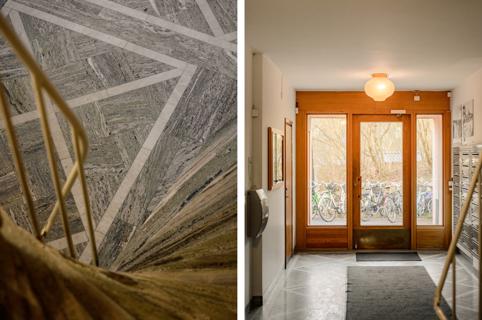 Varsamt renoverat trapphus rikt på ursprungsdetaljer.