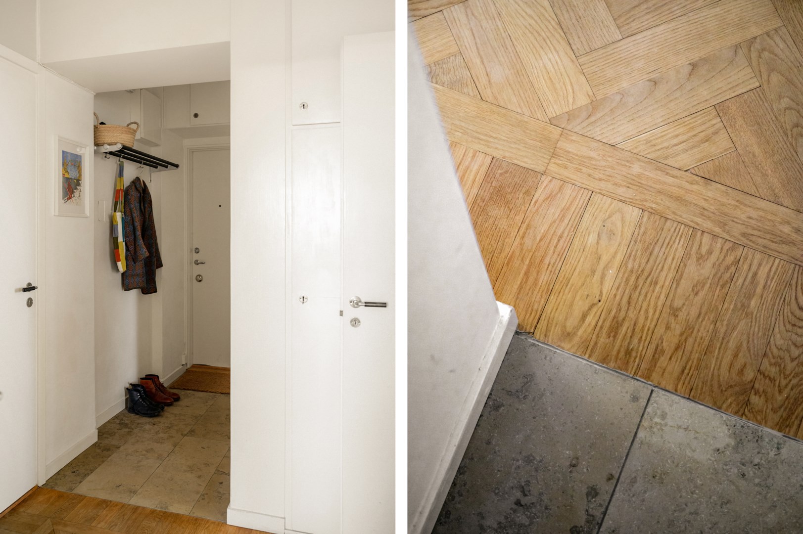 Entréhall med vackert kalkstensgolv direkt innanför ytterdörren.