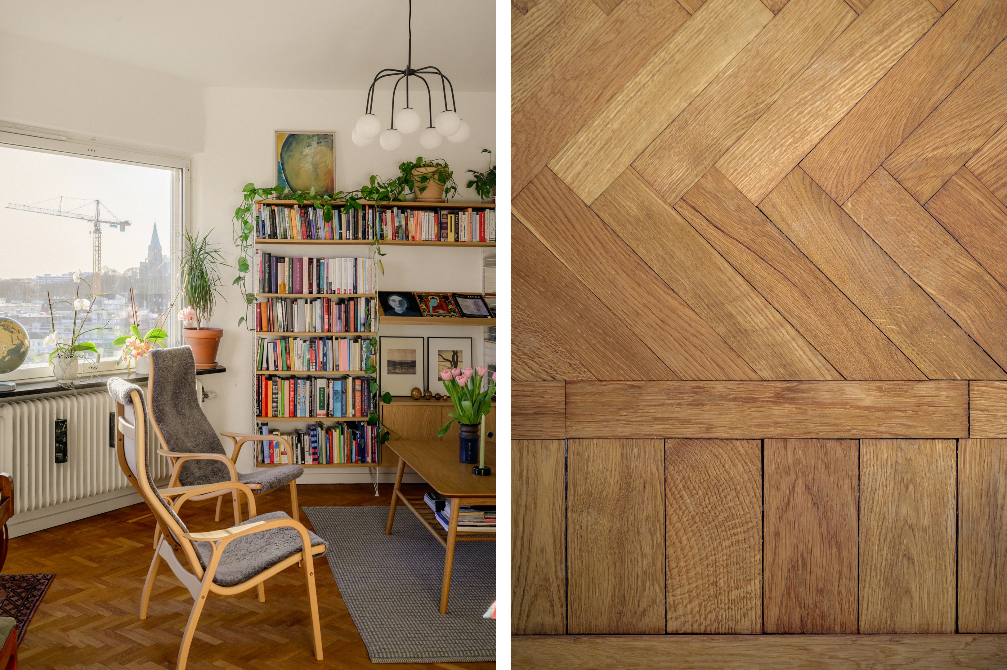 Vackra parkettgolv i vardagsrum, hall och sovrum.