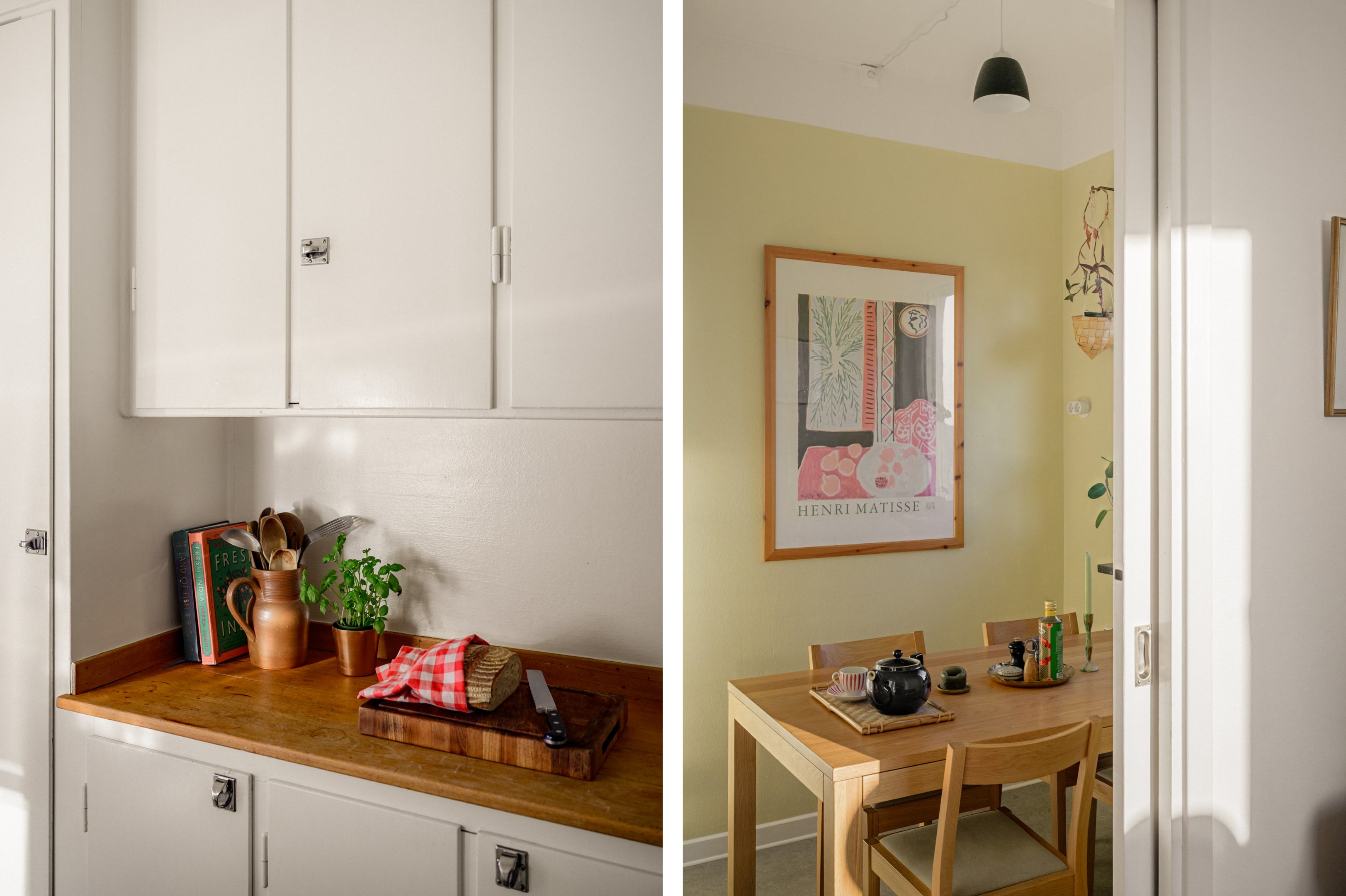 Praktisk skjutdörr mellan vardagsrum & kök.