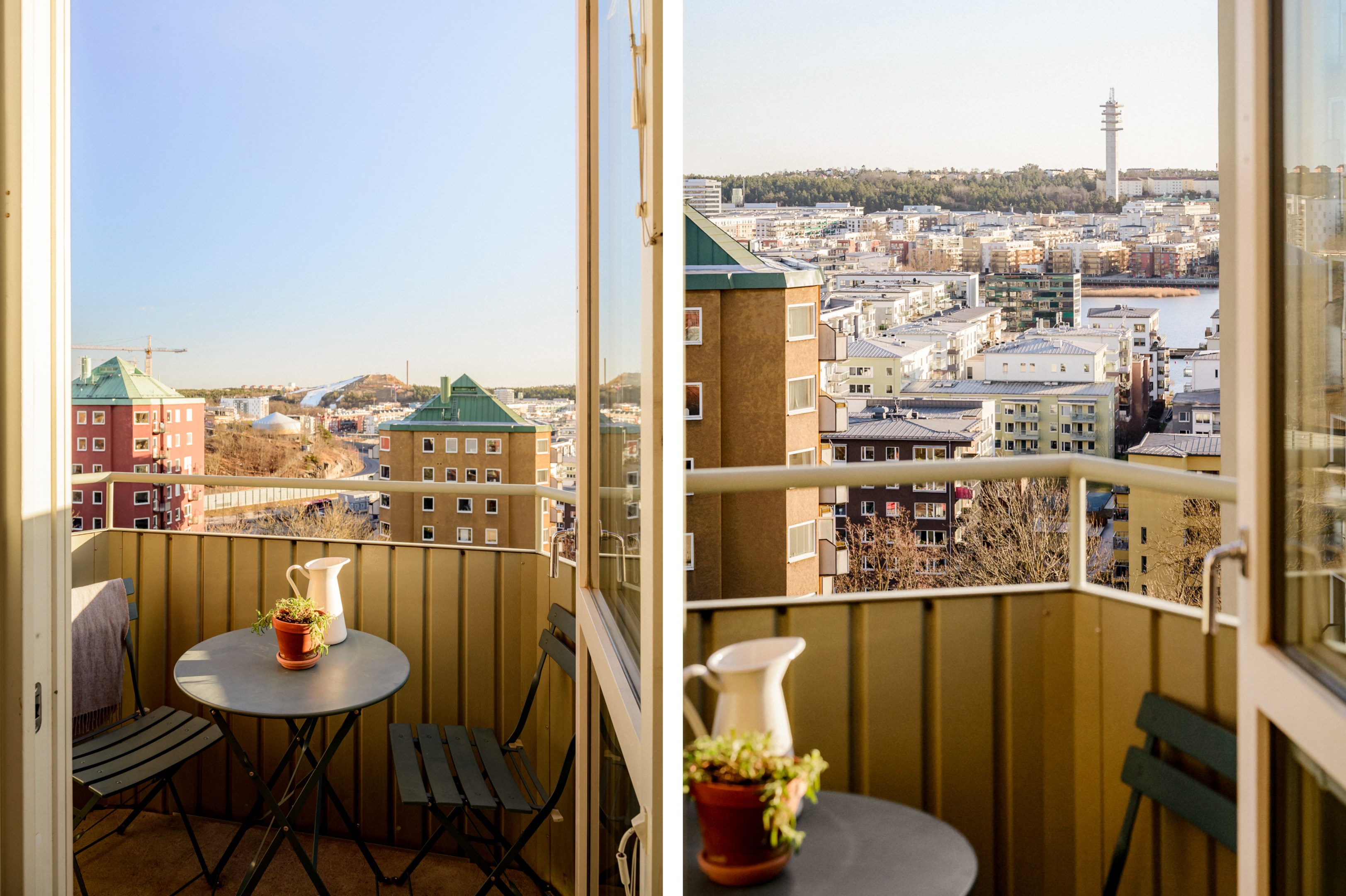 Södervänd balkong med panoramavy över Sjöstan och Södermalm.