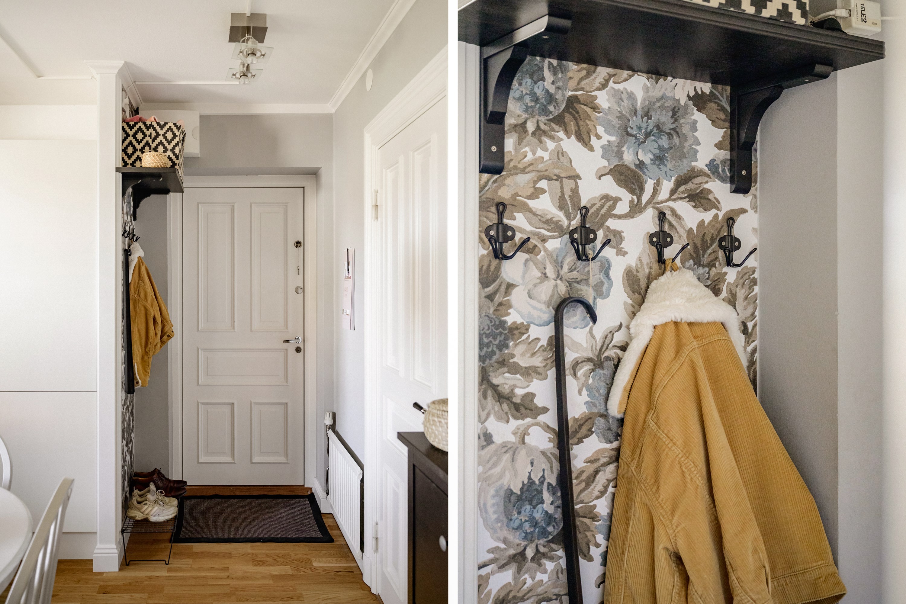 Entréhall med ytterligare klädförvaring i garderob utanför klädkammaren.
