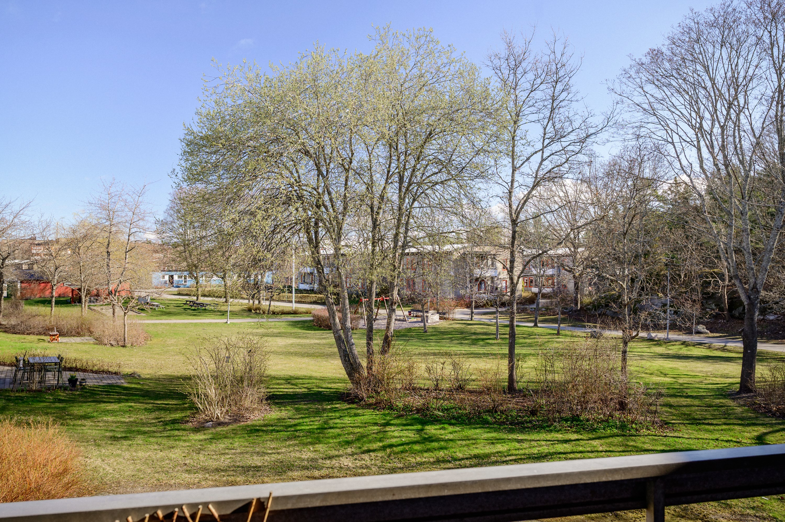 Utsikt mot grönskan från balkongen.