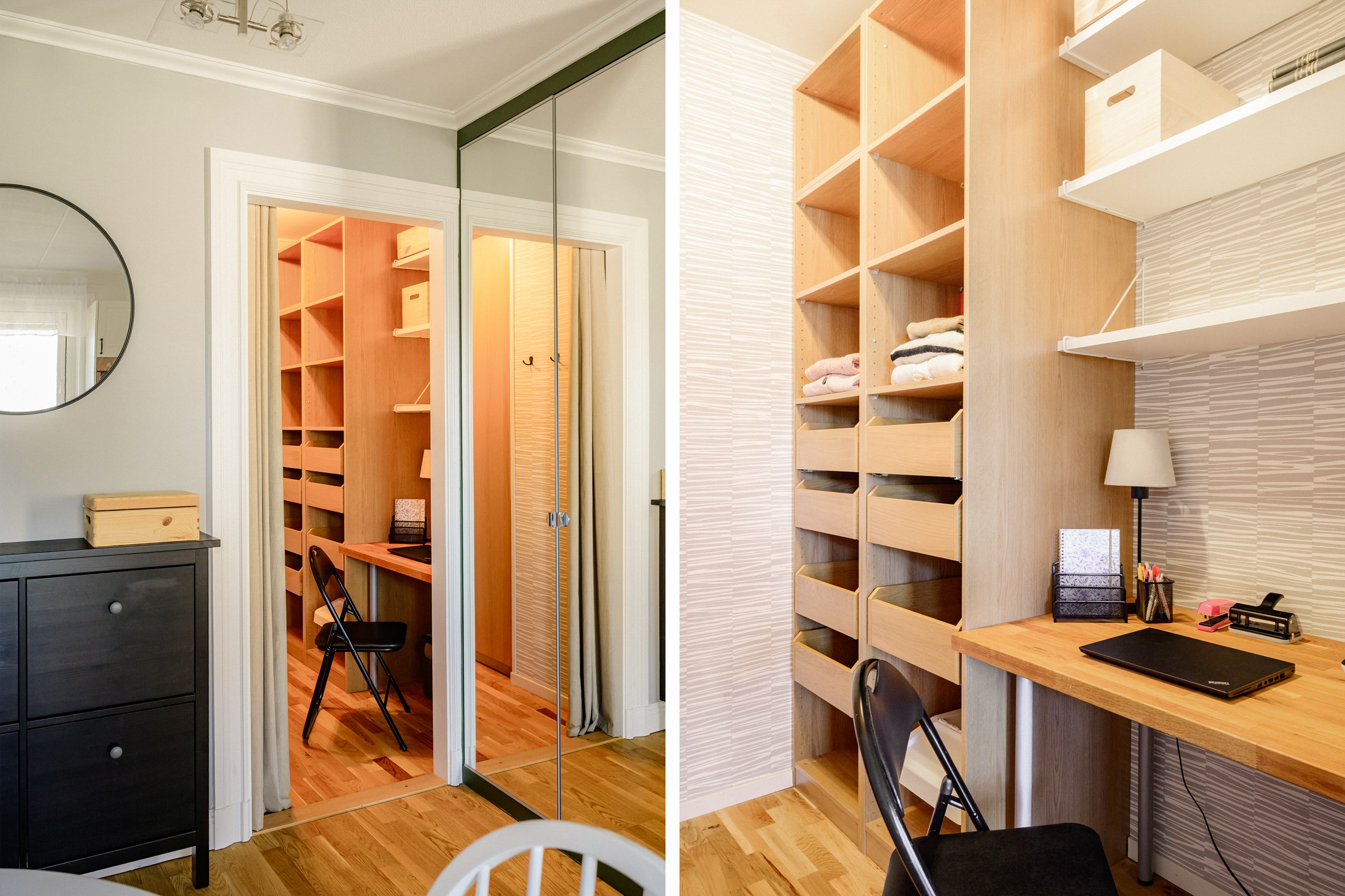 Klädkammare med kontorshörna.