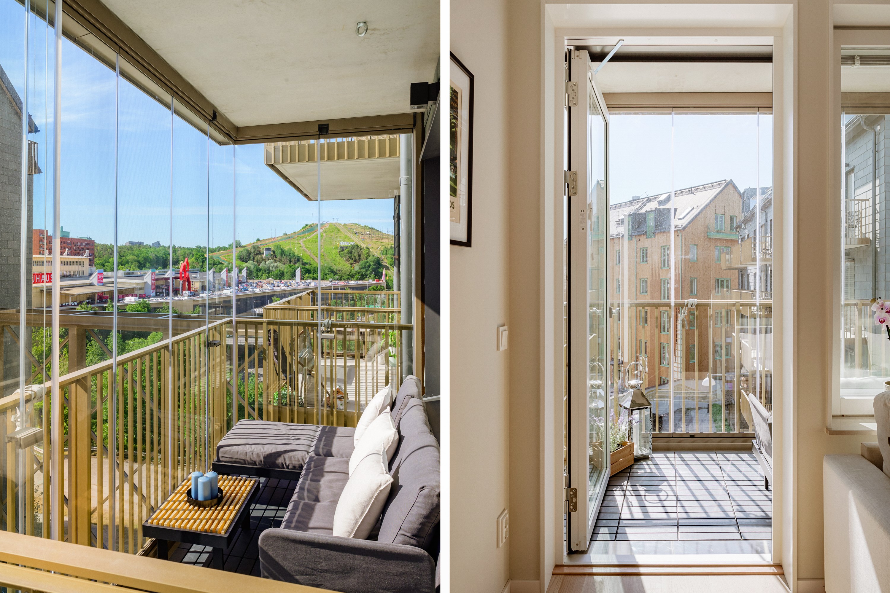 Inglasad balkong med utsikt mot Hammarbybacken.