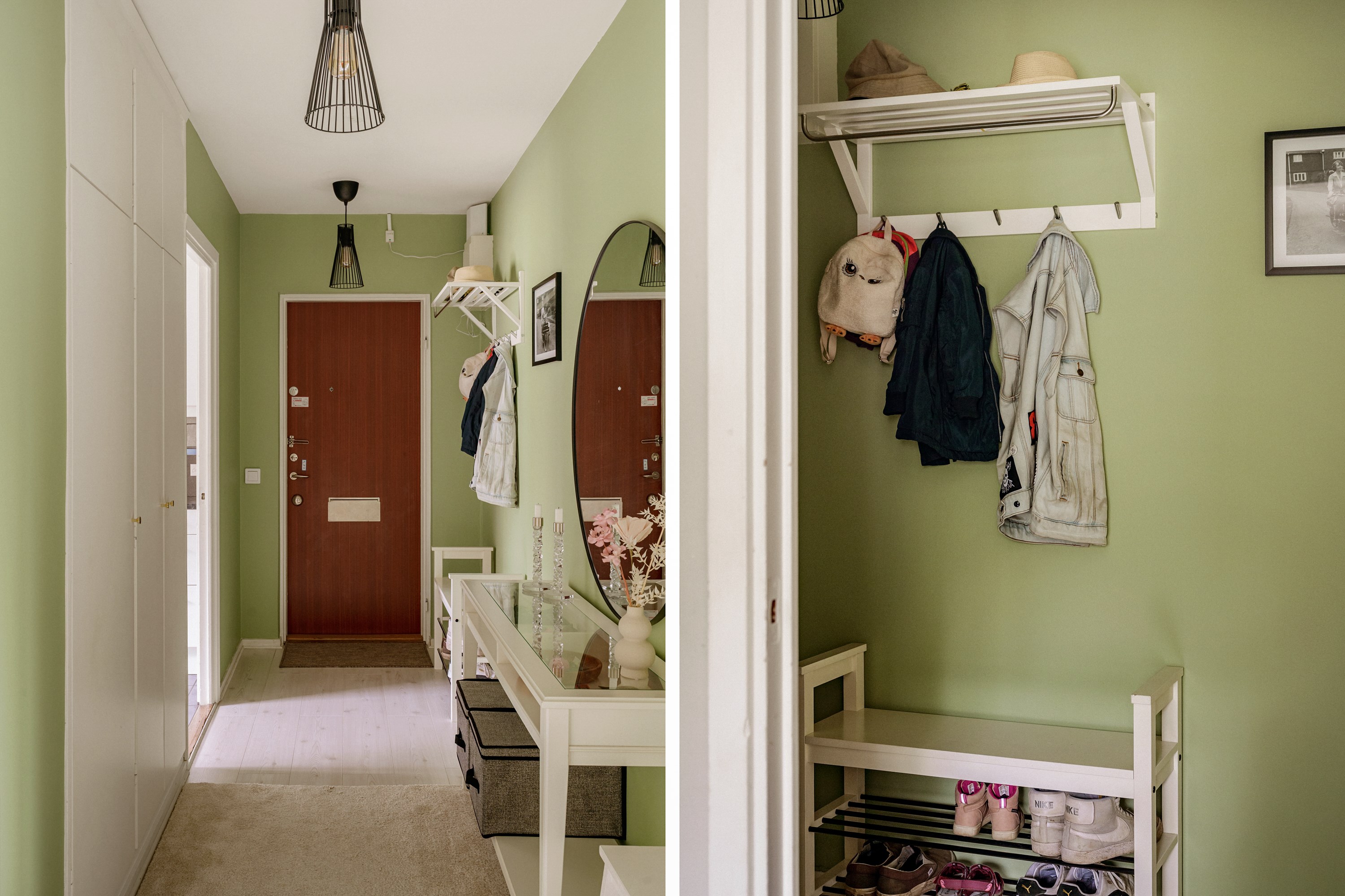 Möblerbar hall med platsbyggd förvaring.