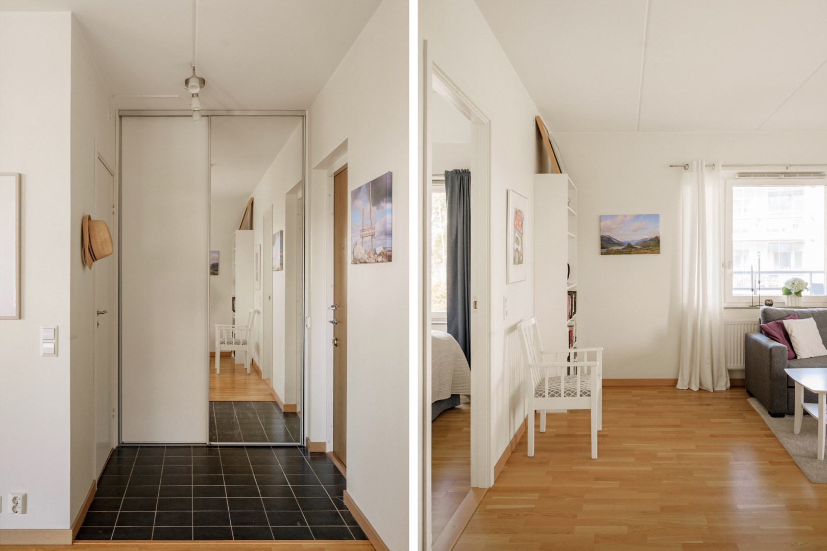 Entréhall med praktiskt klinkergolv och gott om förvaring.