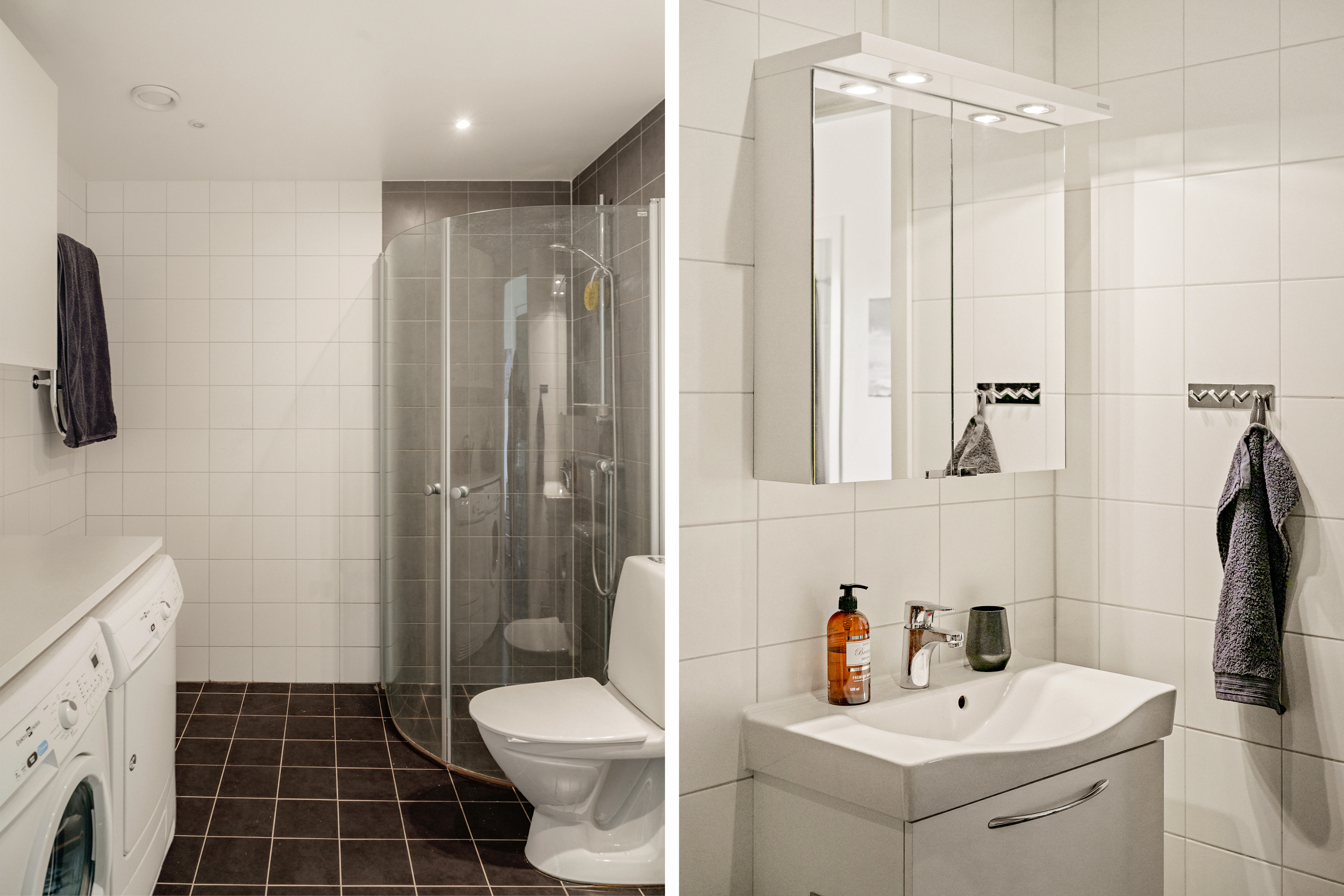 Badrum med dusch och ytor för klädvård.