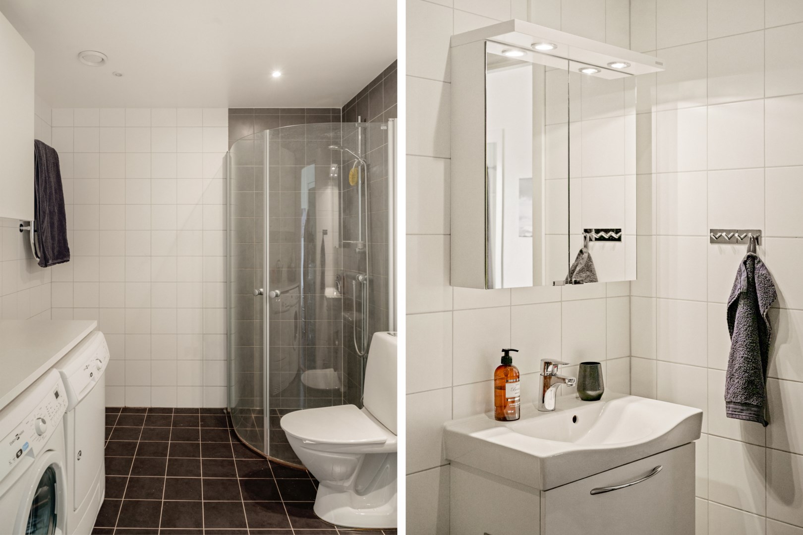 Badrum med dusch och ytor för klädvård.