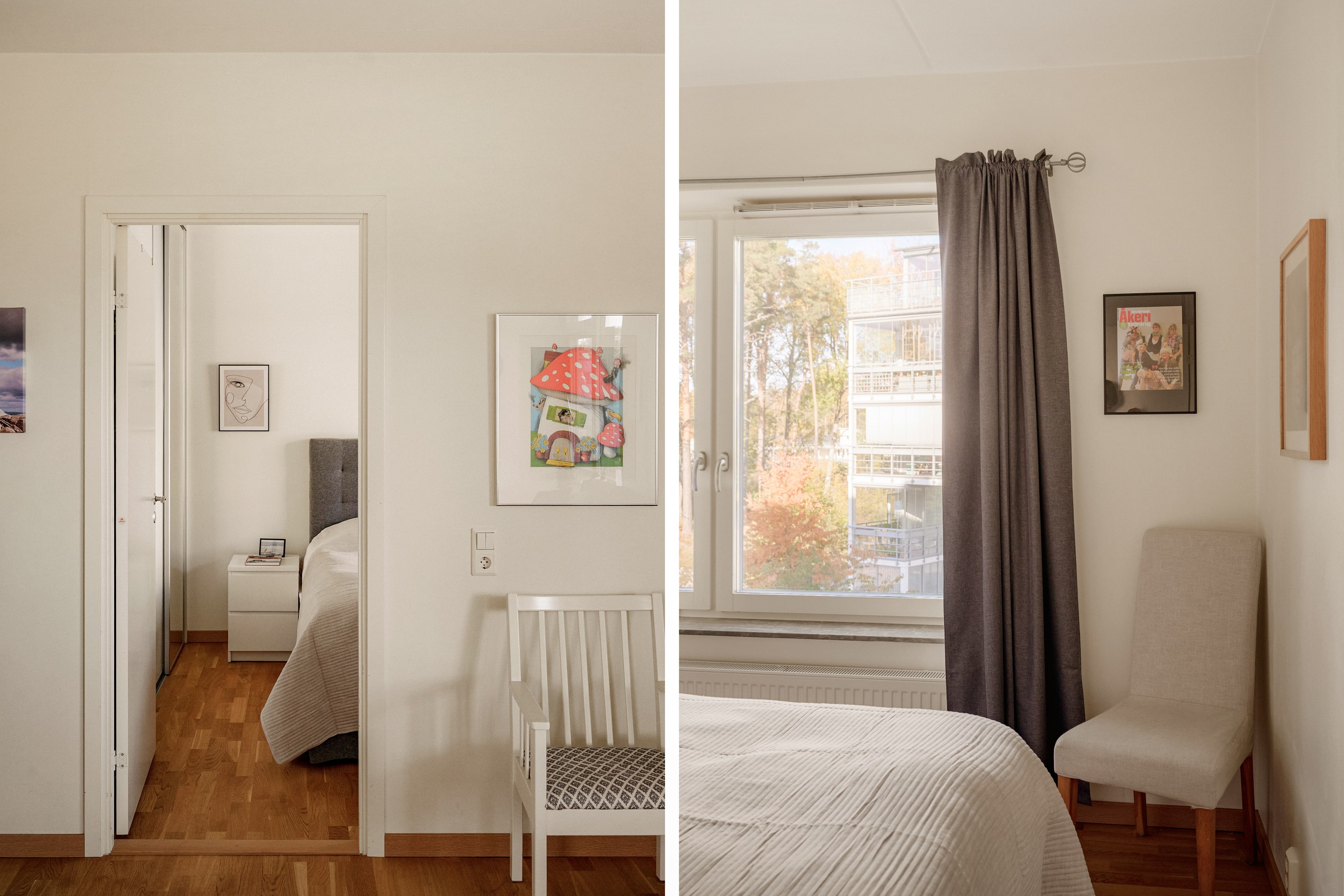 Sovrum med gott om förvaring i garderobsvägg.