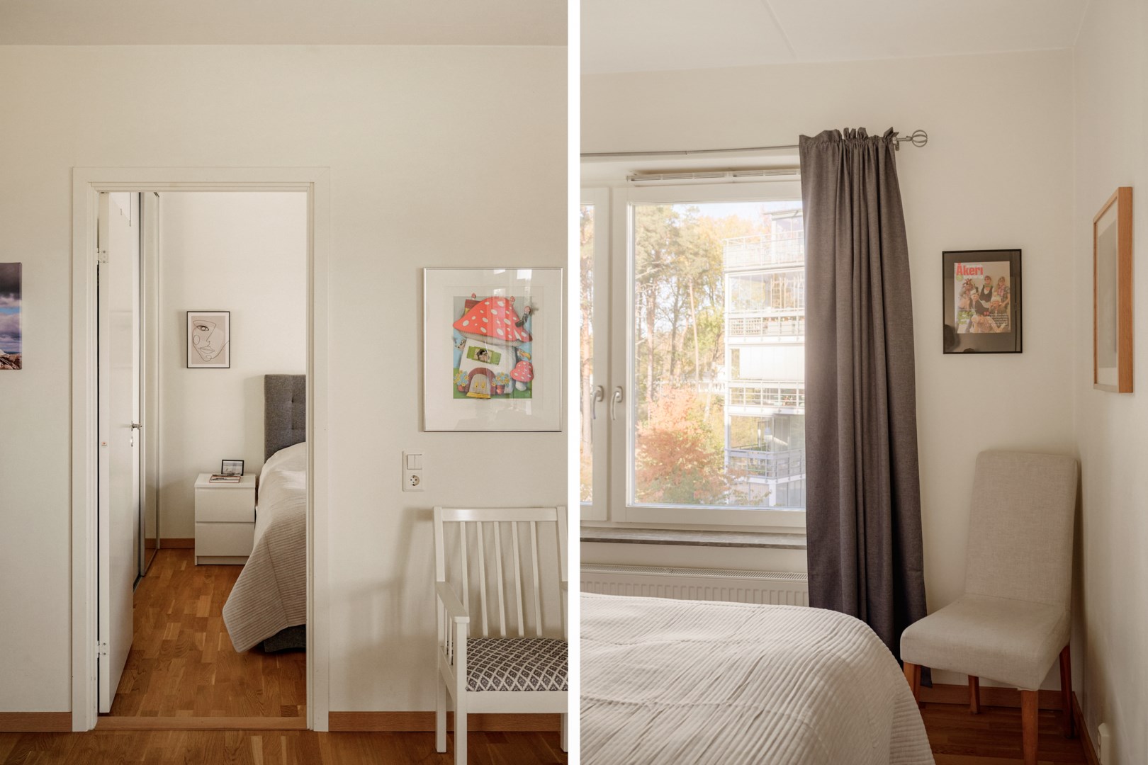 Sovrum med gott om förvaring i garderobsvägg.