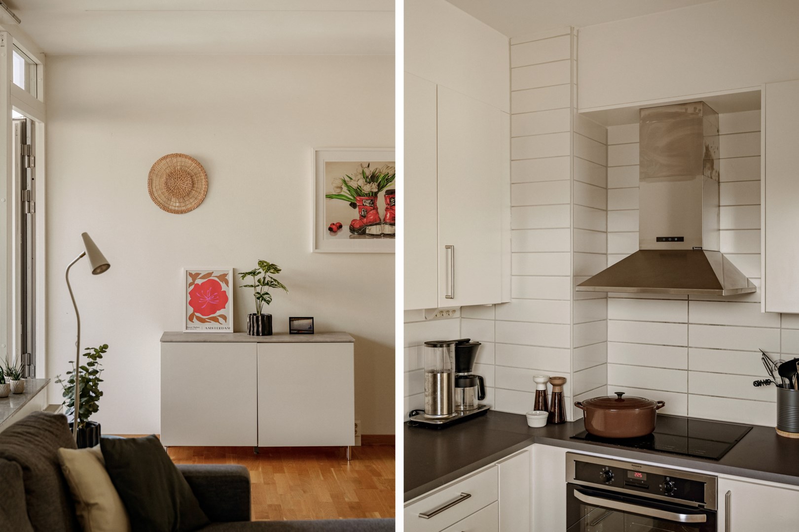 Stilrena materialval med ljusa ytskikt och parkettgolv.