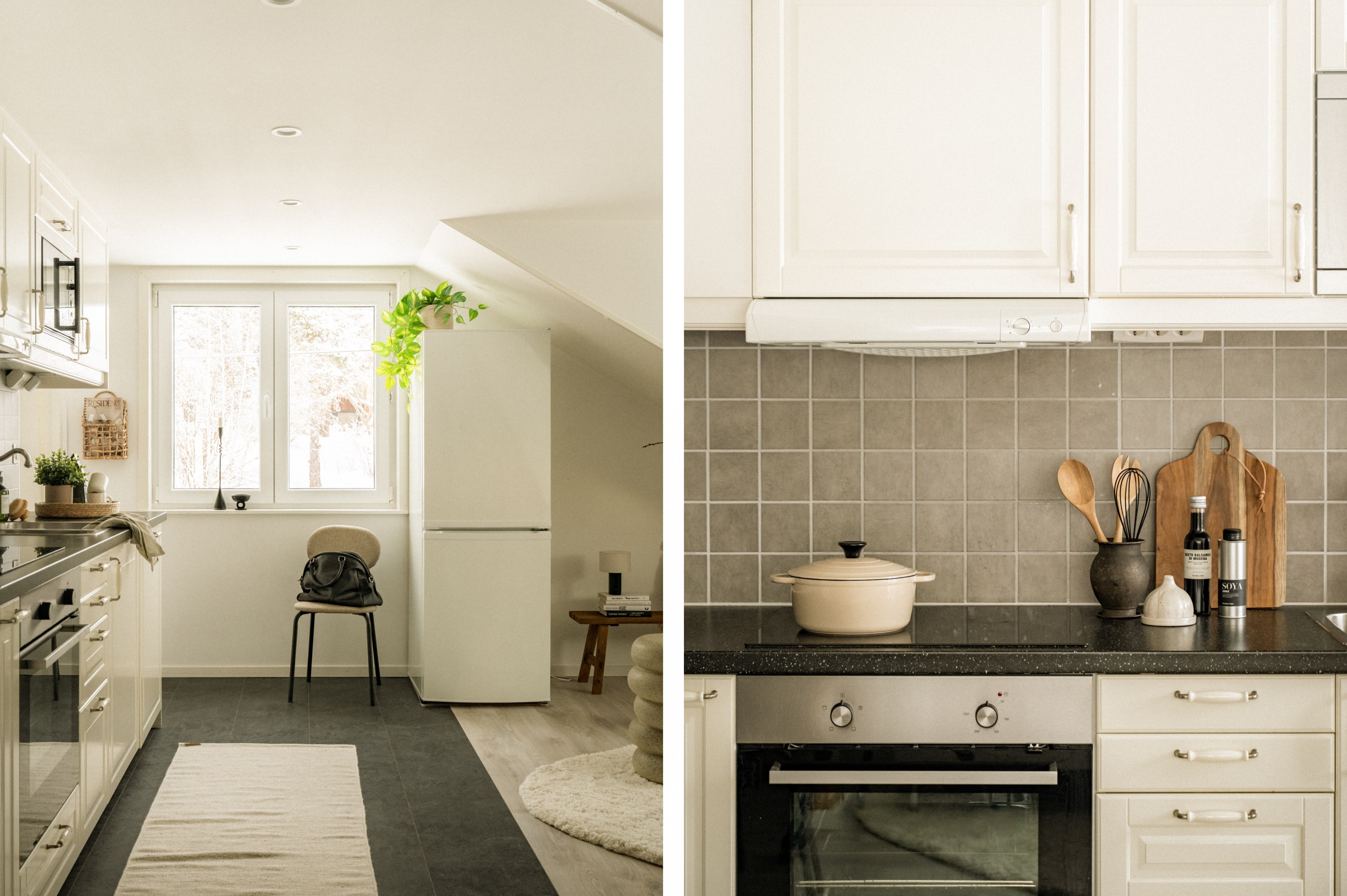 Stilrent kök som smälter in fint med övrigt möblemang