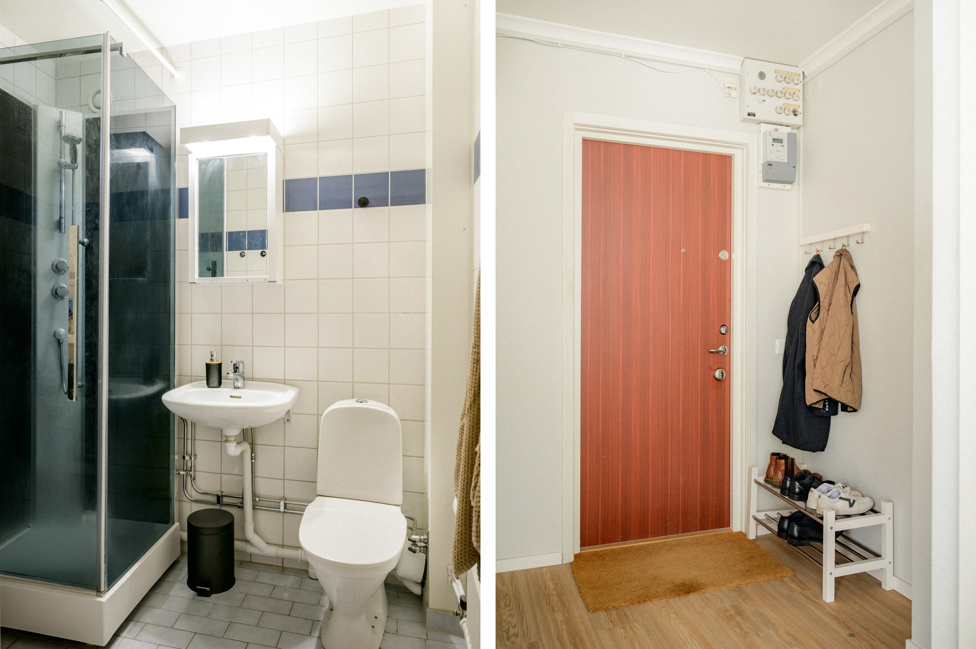 Badrum med duschkabin - förberett för tvättmaskin