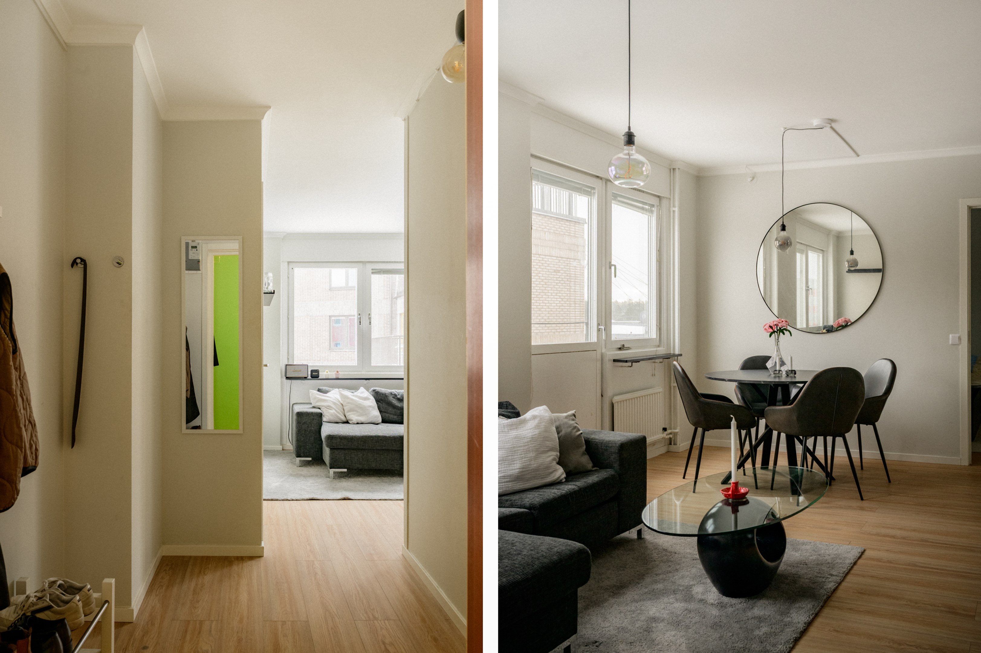 Rymlig entréhall med plats för ytterkläder och skor