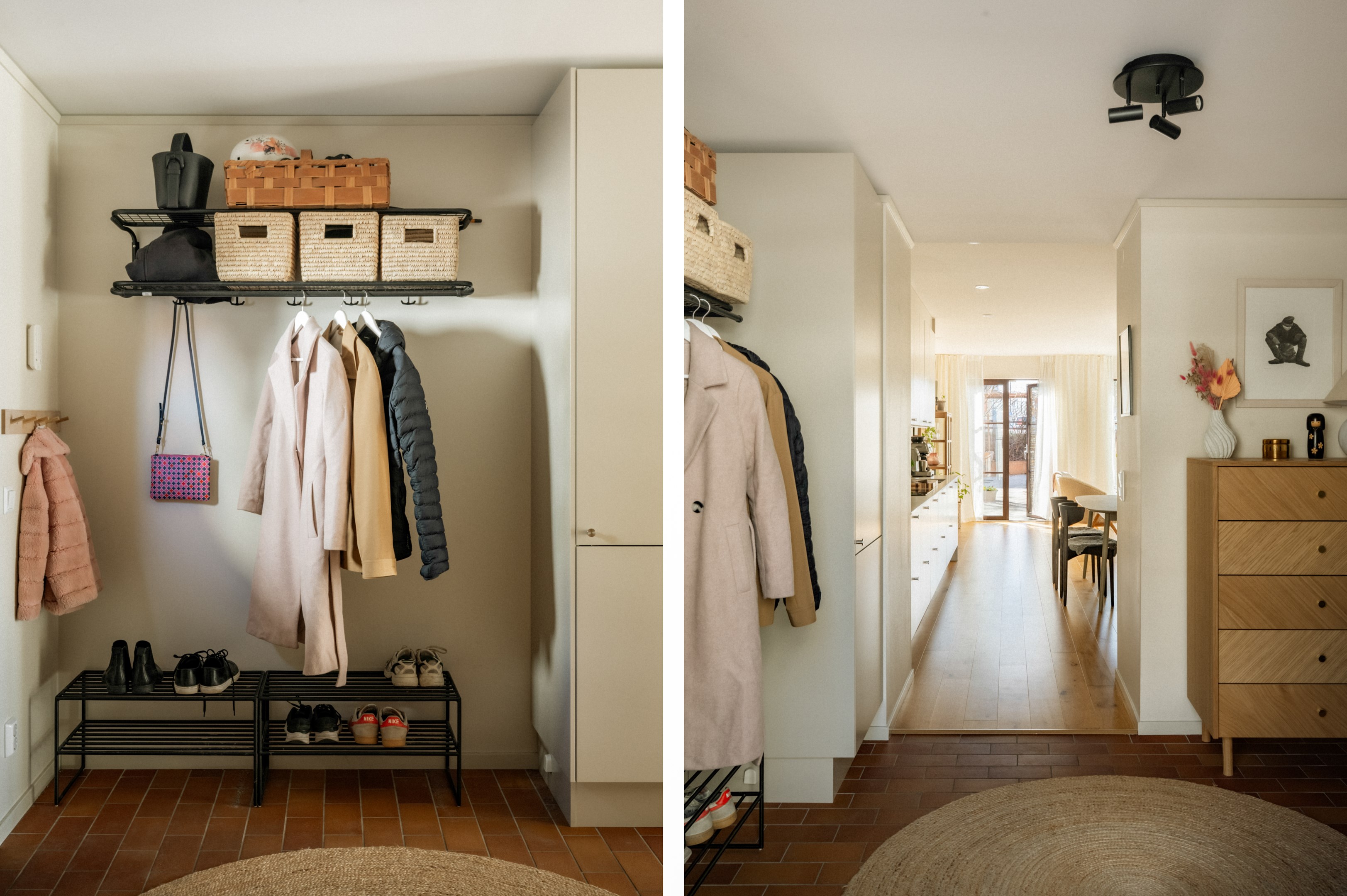 Ljus och luftig entréhall med klinkergolv i varmröd ton