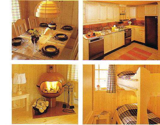 Mys i Fjällbyn: fjällstuga, sprakande eldstad och vit snö över fjällen.