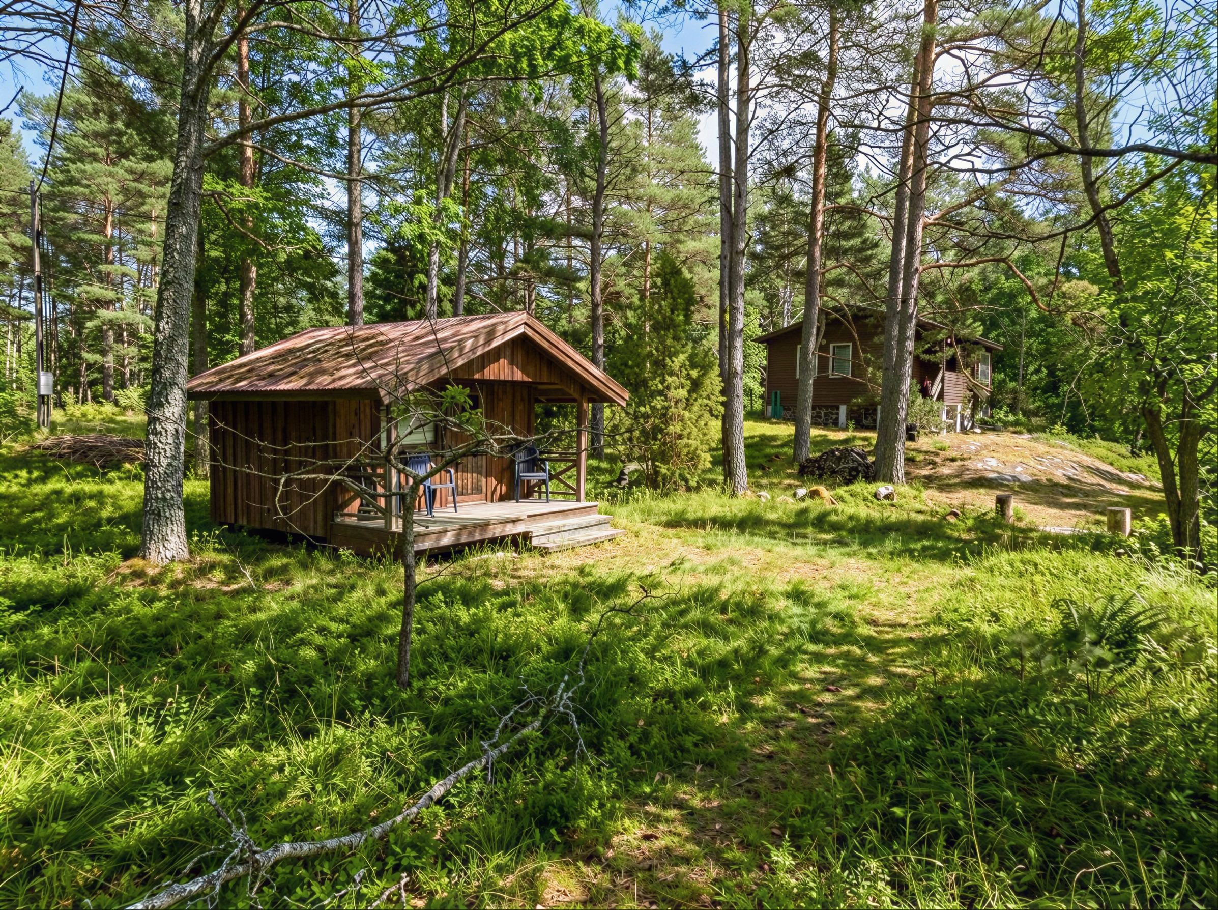 Hus och friggebod är samlade i skogsbrynet i nordost - AI-genererad sommarbild