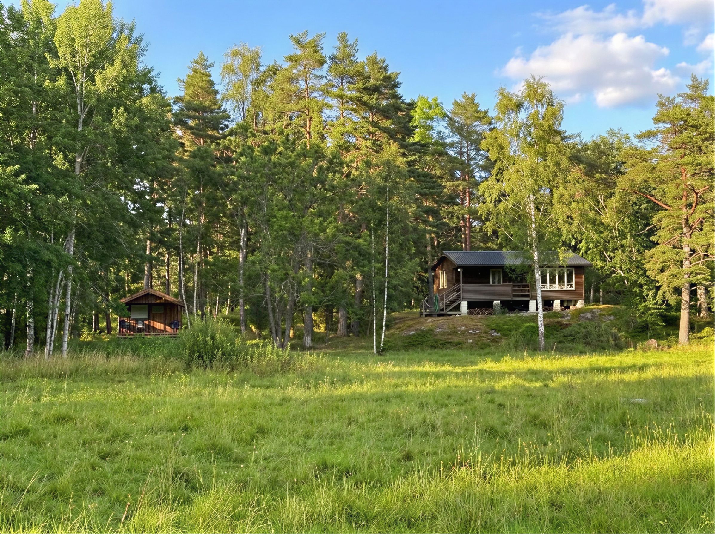 Husen i vinkel från ängen i sydväst - AI-genererad sommarbild