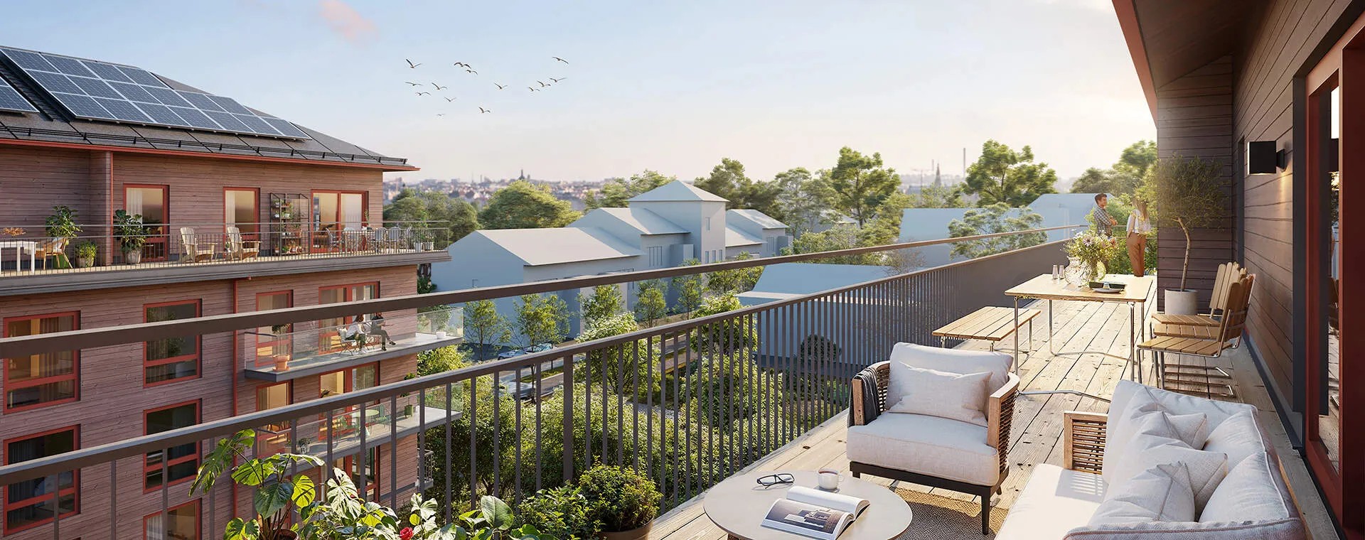 Takterrass med utsikt över gård och Klockarparken (visualisering)