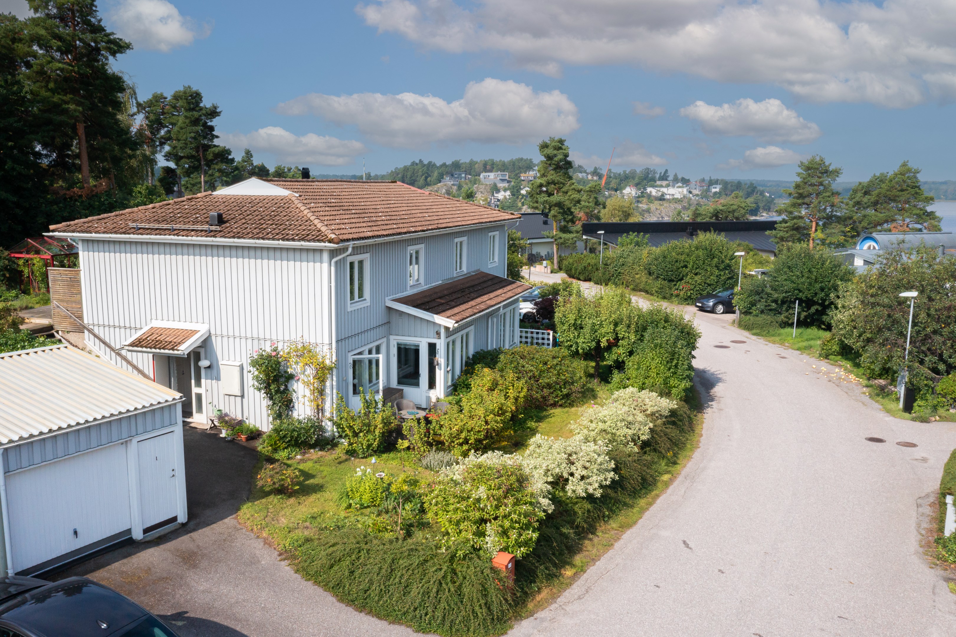 Husets framsida med trädgård och garage