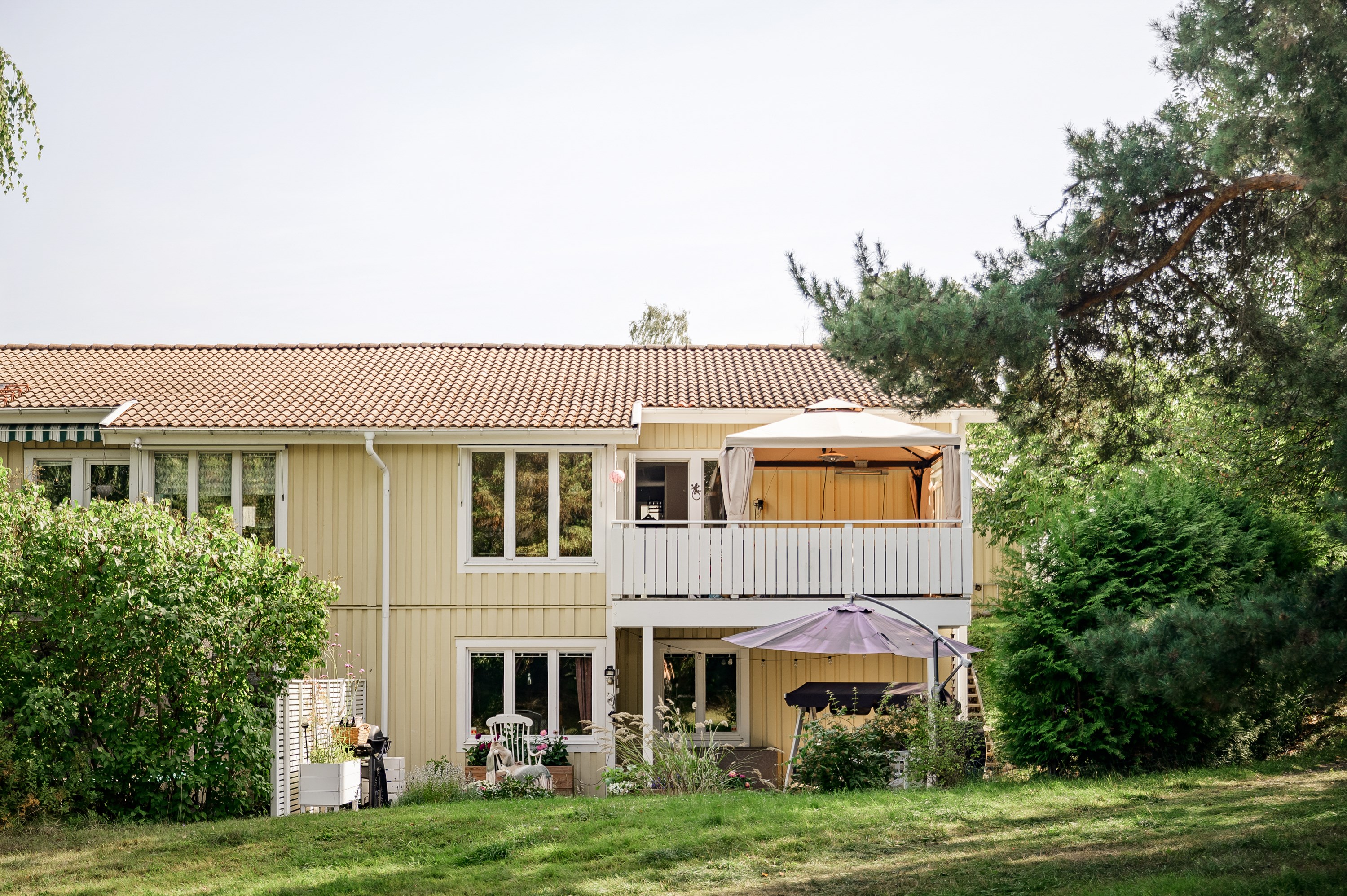 Hörnläge inramat av uppvuxen grönska.